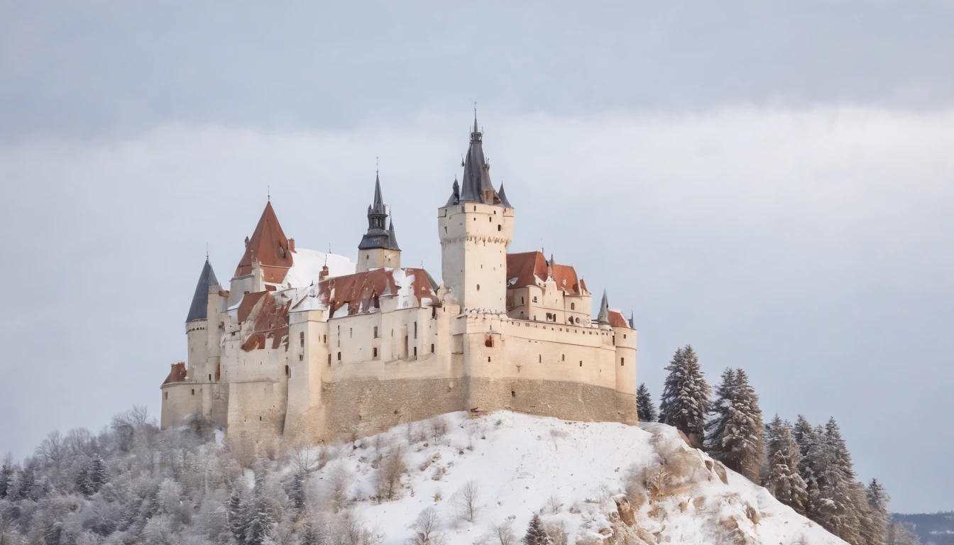 Cachtice Castle in medieval Hungary, winter, snow, cinematic scene from film