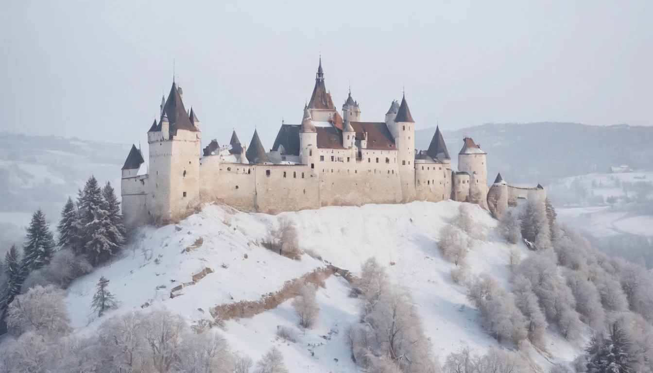 Cachtice Castle in medieval Hungary, winter, snow, cinematic scene from film