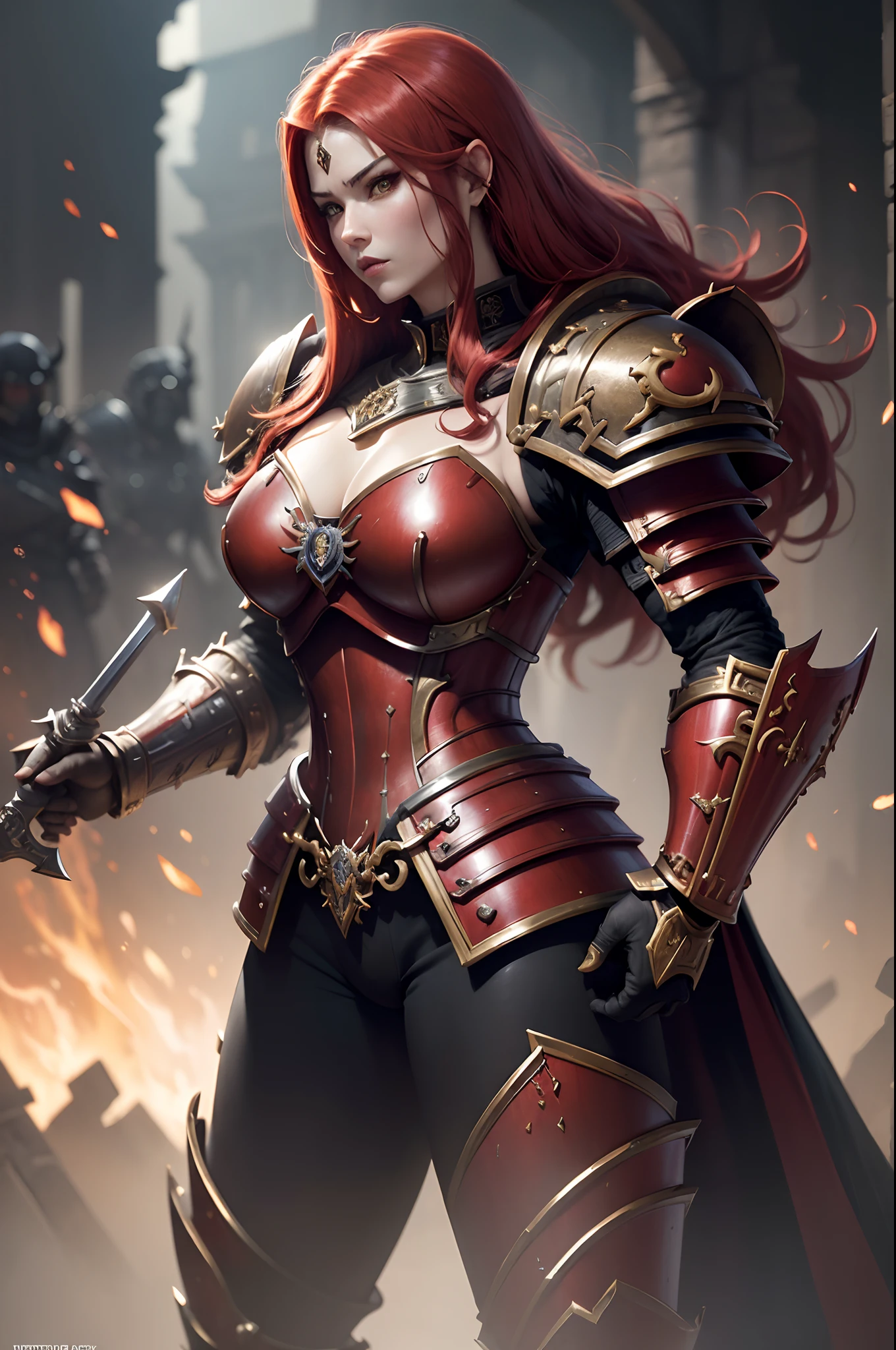 8K分辨率(full body Esbian:1.3)shots、splashart、Fantastic cartoon style、Photorealistic sexy red hair red armor、Anatomical Photorealistic Digital Painting(adult woman:1.3)Human portrait(AS-Adult:1.3)Red and gold complex(heavily armored:1.3)with the(Dark and moody universe:1.3)、light particules、highlydetailed skin、samurais、extremely detailed eye、 (Elden Ring-style:1.1)、(warhammer style:1.3)、Concept Artist、globalillumination、depth of fields、splashart、art by:artgerm、by Greg Rutkowsky、viktoria gavrilenko,Details of the big sword,