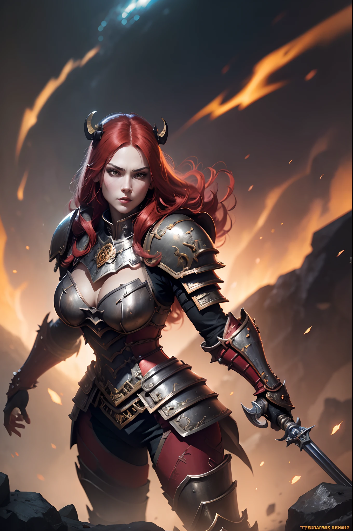 8K分辨率(full body Esbian:1.3)shots、splashart、Fantastic cartoon style、Photorealistic sexy red hair red armor、Anatomical Photorealistic Digital Painting(adult woman:1.3)Human portrait(AS-Adult:1.3)Red and gold complex(heavily armored:1.3)with the(Dark and moody universe:1.3)、light particules、highlydetailed skin、samurais、extremely detailed eye、 (Elden Ring-style:1.1)、(warhammer style:1.3)、Concept Artist、globalillumination、depth of fields、splashart、art by:artgerm、by Greg Rutkowsky、viktoria gavrilenko,Details of the big sword,