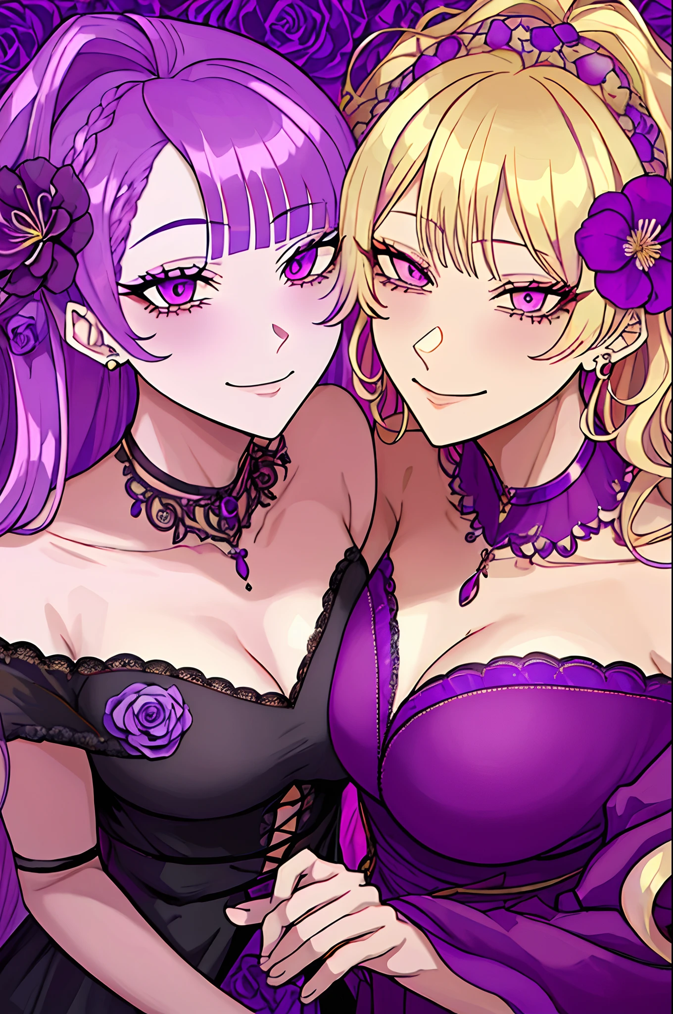 Kuroume_1024, floral background, romance manhwa, (close up), (2girls:1.2), purple hair, blonde hair, couple, long hair, flower, dress, thick eyeblows, purple flower, wavy hair, closed mouth, collarbone, cleavage, smile, face focus, beautiful face, detailed eyes,