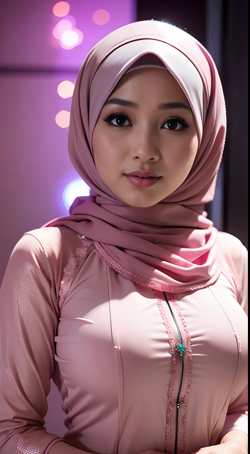 1 malay girl, modern plain hijab, shy, medium portrait, watery eyes, pink glowing particles, wearing pastel pink kebaya, ((big breasts)), pink light bokeh background, well-proportioned body,