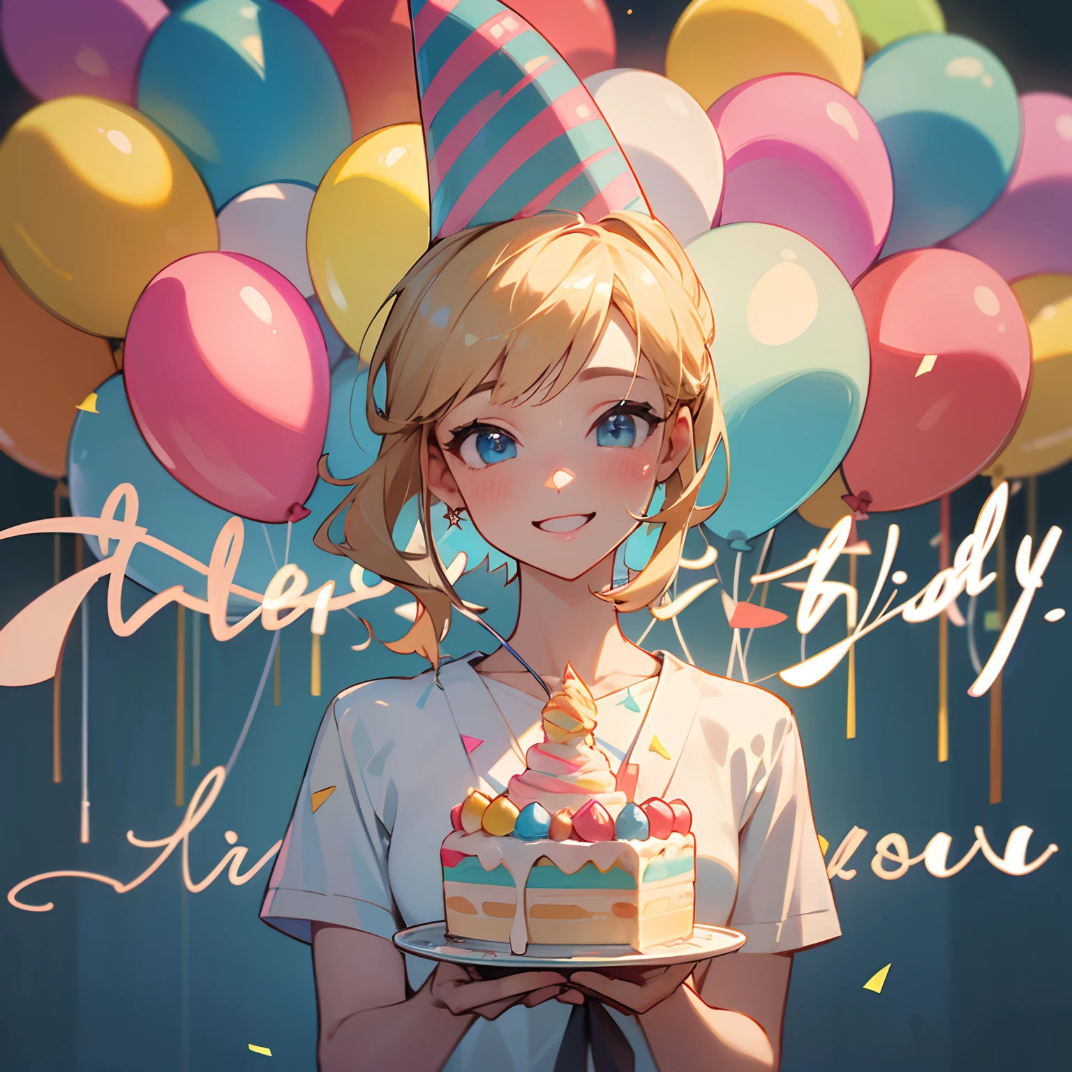 (best quality,4k,8k,highres,masterpiece:1.2),ultra-detailed,(realistic,photorealistic,photo-realistic:1.37),Tall Anime guy holding a cake for a birthday girl,anime,cake,surprised expression,blonde hair,blue eyes,soft lighting,pastel colors,party decorations,joyful atmosphere,celebration,party hat,smiling face,sparkling candles,happy birthday sign,candy confetti,cake frosting,festive background,excitement,positive energy,balloons,friendship,colored streamers,tasty dessert,fun-filled moment,memorable occasion,vibrant atmosphere,delightful celebration.