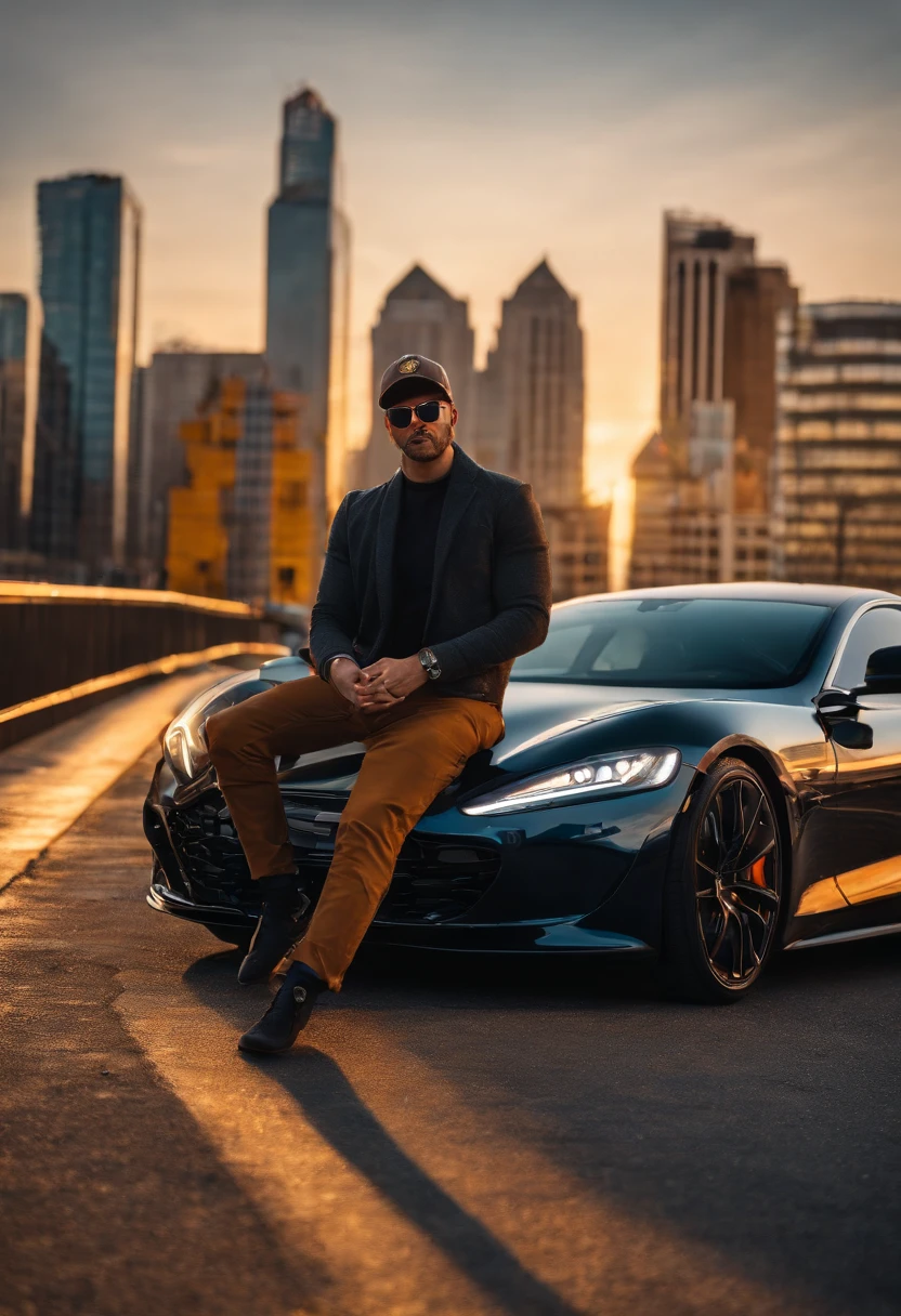 (a detailed,realistic)crypto bro with sunglasses,holding a golden bitcoin in his hand,posing with a luxurious sports car at a breathtaking sunset background, standing on a city skyscraper rooftop,(HDR,Vivid Colors,Sharp Focus),instantly catching attention, influencing others with the latest crypto trends and investment tips, attracting a huge follower base on Instagram,featuring a futuristic, digital artwork style,[Energetic Lighting],[Neon Color Palette],[Digital Art],[High-tech Sophistication],[Advanced Digital Rendering],building a digital empire in the crypto world.