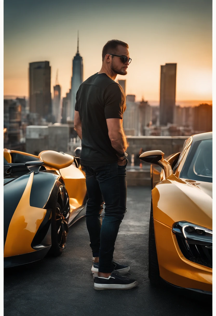 (a detailed,realistic)crypto bro with sunglasses,holding a golden bitcoin in his hand,posing with a luxurious sports car at a breathtaking sunset background, standing on a city skyscraper rooftop,(HDR,Vivid Colors,Sharp Focus),instantly catching attention, influencing others with the latest crypto trends and investment tips, attracting a huge follower base on Instagram,featuring a futuristic, digital artwork style,[Energetic Lighting],[Neon Color Palette],[Digital Art],[High-tech Sophistication],[Advanced Digital Rendering],building a digital empire in the crypto world.