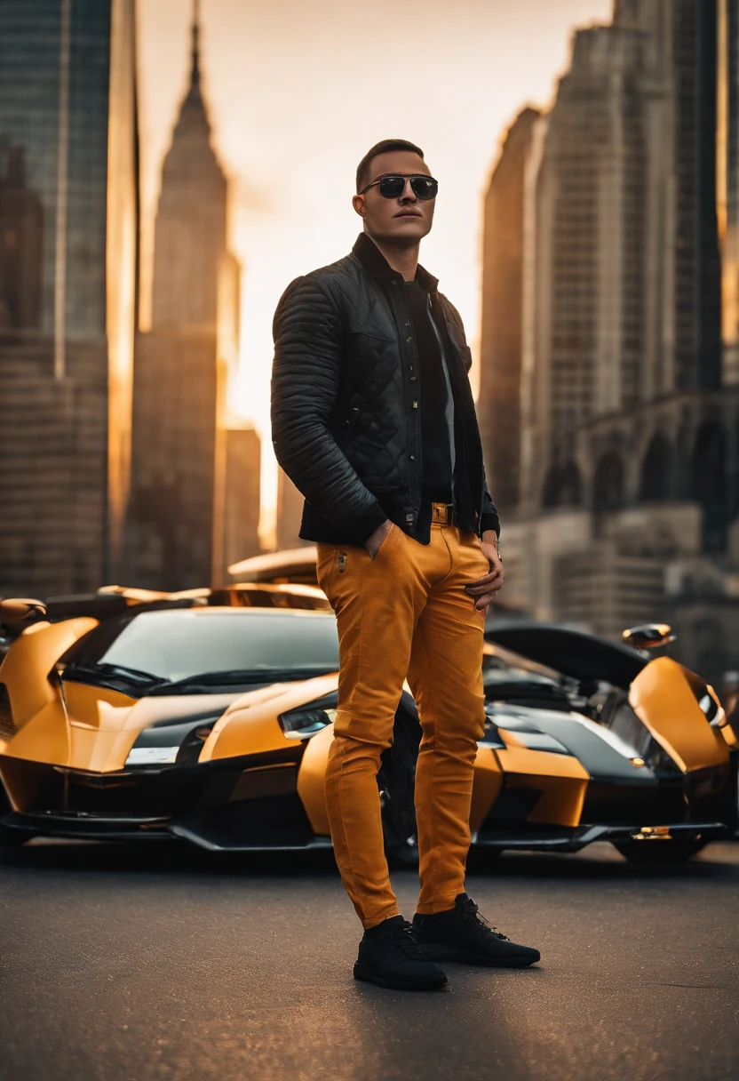 (a detailed,realistic)crypto bro with sunglasses,holding a golden bitcoin in his hand,posing with a luxurious sports car at a breathtaking sunset background, standing on a city skyscraper rooftop,(HDR,Vivid Colors,Sharp Focus),instantly catching attention, influencing others with the latest crypto trends and investment tips, attracting a huge follower base on Instagram,featuring a futuristic, digital artwork style,[Energetic Lighting],[Neon Color Palette],[Digital Art],[High-tech Sophistication],[Advanced Digital Rendering],building a digital empire in the crypto world.