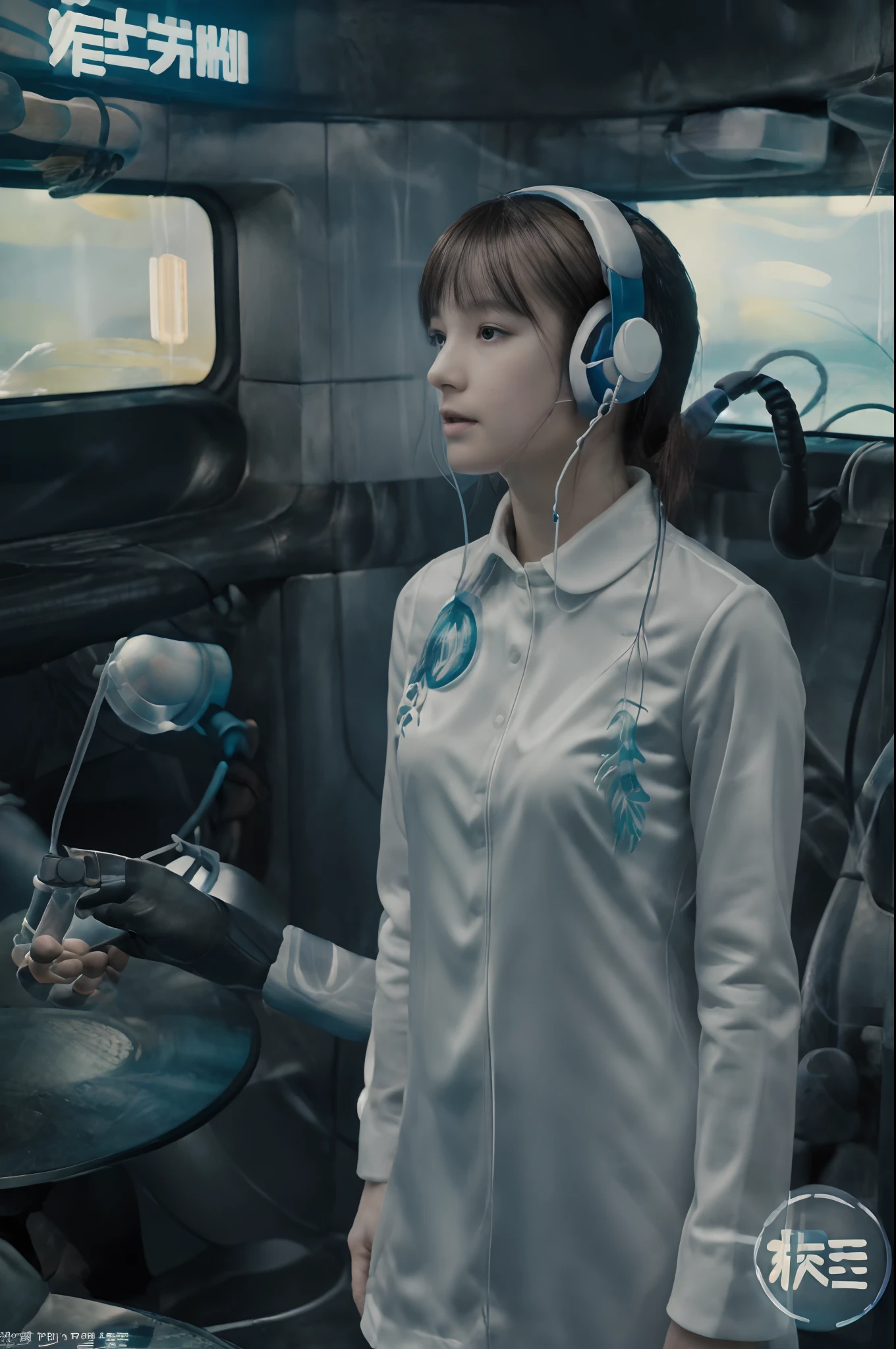 - [ ] Digital Printing Machine Poster, Technical schematic view from the front and side views of the design drawing paper.、The bold text in the background is「Jellyfish style water-cooled headphones」, product, Illustration. Central depiction: ager in Japan in cool oriental style wearing retro design headphones, Headphone Design: Vintage aesthetics and modern functionality, Integrated thin water flow pipe resembling jellyfish tendrils, Auditory environment: Showed a gentle murmur of underwater sound emanating from headphones, Imitating the aquatic atmosphere, Spiritual tranquility: The expression of the girl's face and posture reflects mental tranquility, Shows the soothing effect of aquatic whispers, Juxtaposition: Emphasized a harmonious blend of modern hearing technology and nature's calming essence, Explore the story: A story of art seeking mental stability in a chaotic modern world、Subtly implied by design elements and annotations, Symbolism: The similarity of jellyfish provides a unique aesthetic, Symbolizes a gentle drift into serene contemplation, Technical Specifications: Ultra-detailed graphite rendering at 8K resolution、Accurate depiction of each element is ensured, Important Suggestions, and feature pointers, Instruction manual: Next to the main illustration, In the instruction guide、More information about assembling and using the headphones, Provide a practical touch to artistic blueprints. 8K, conceptual art