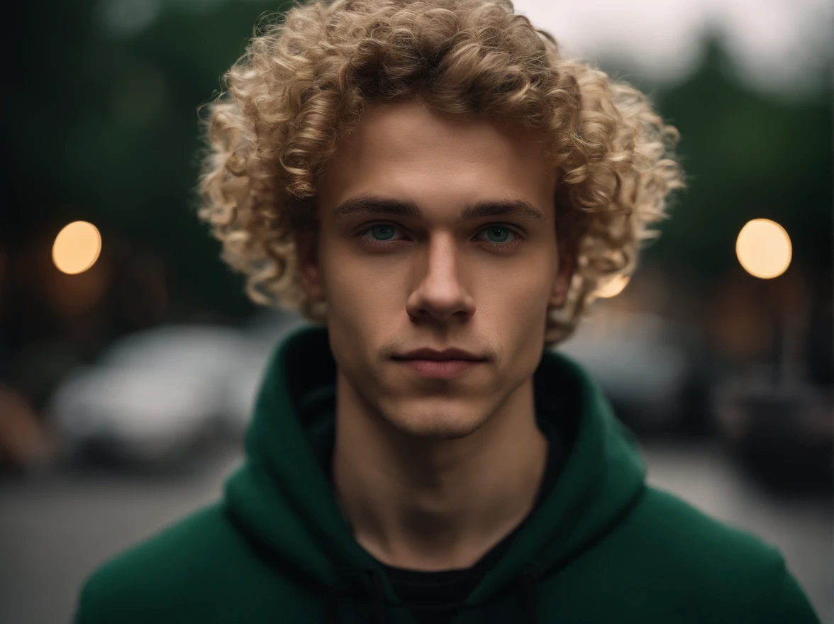 close up selfie, young man, blonde curly hair, green eyes, clean shaved, cute, beautiful, skinny, black hoodie, jeans