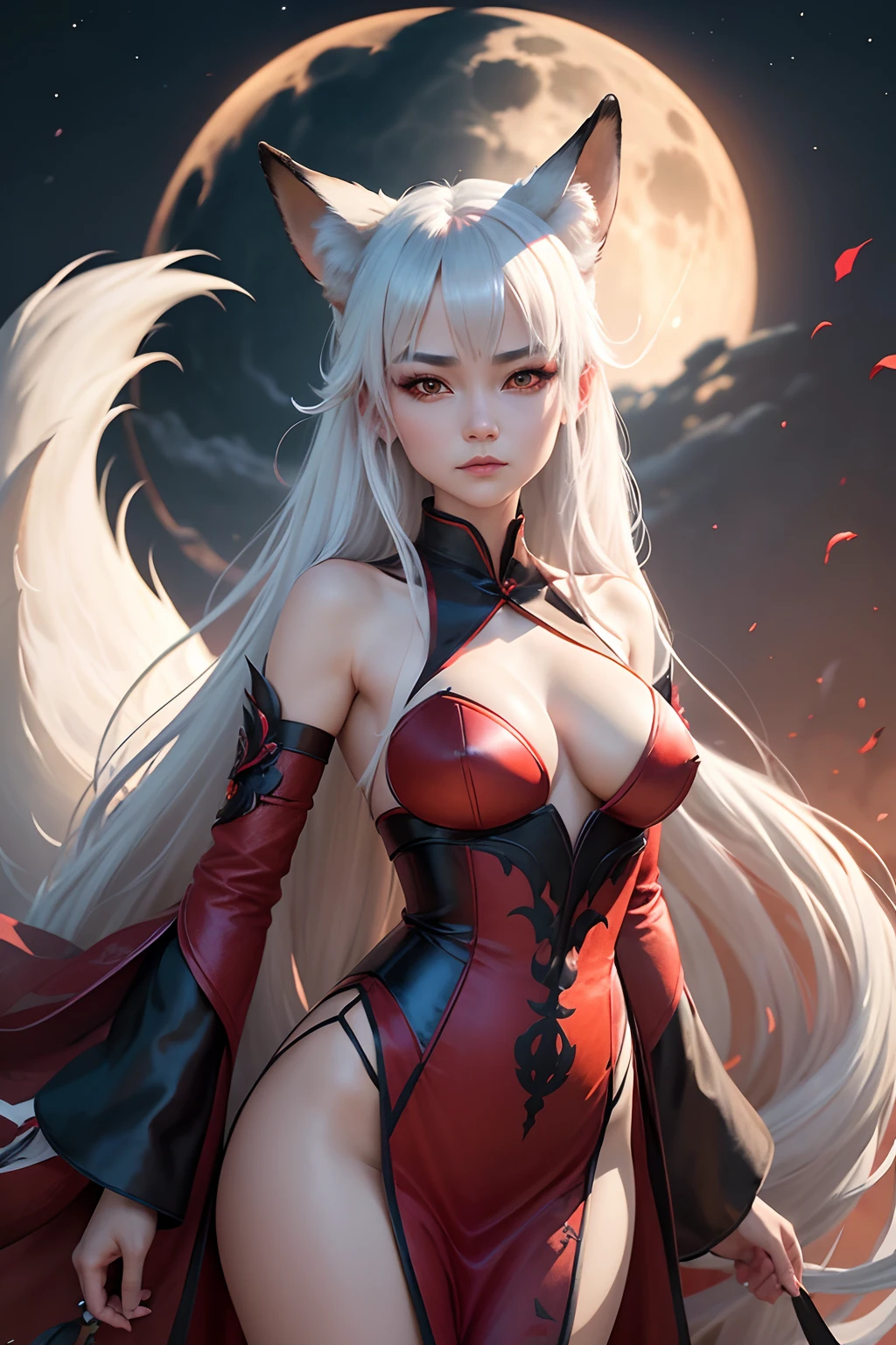 The fox demon is wearing a red Hanfu, her fox tail is exposed, her face is very delicate and beautiful, her expression is charming, she has long silver-white hair, the background is the hazy moon and fox soul, distant view