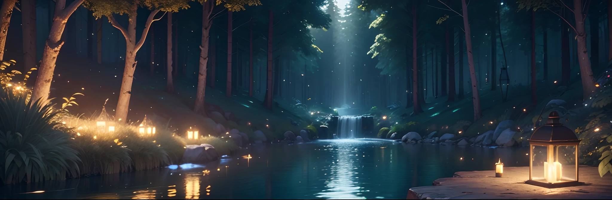 Masterpiece, best quality, (very detailed CG unity 8k wallpaper), (best quality), (best illustration), (best shadows), glow sprite, with a glowing deer, in the swimming pool Drinking water, natural elements in the forest theme. Mysterious forest, beautiful forest, nature, surrounded by flowers, delicate leaves and branches surrounded by fireflies (natural elements), (jungle theme), (leaves), (twigs), (fireflies), (particle effects) etc. 3D , Octane rendering, ray tracing, super detailed