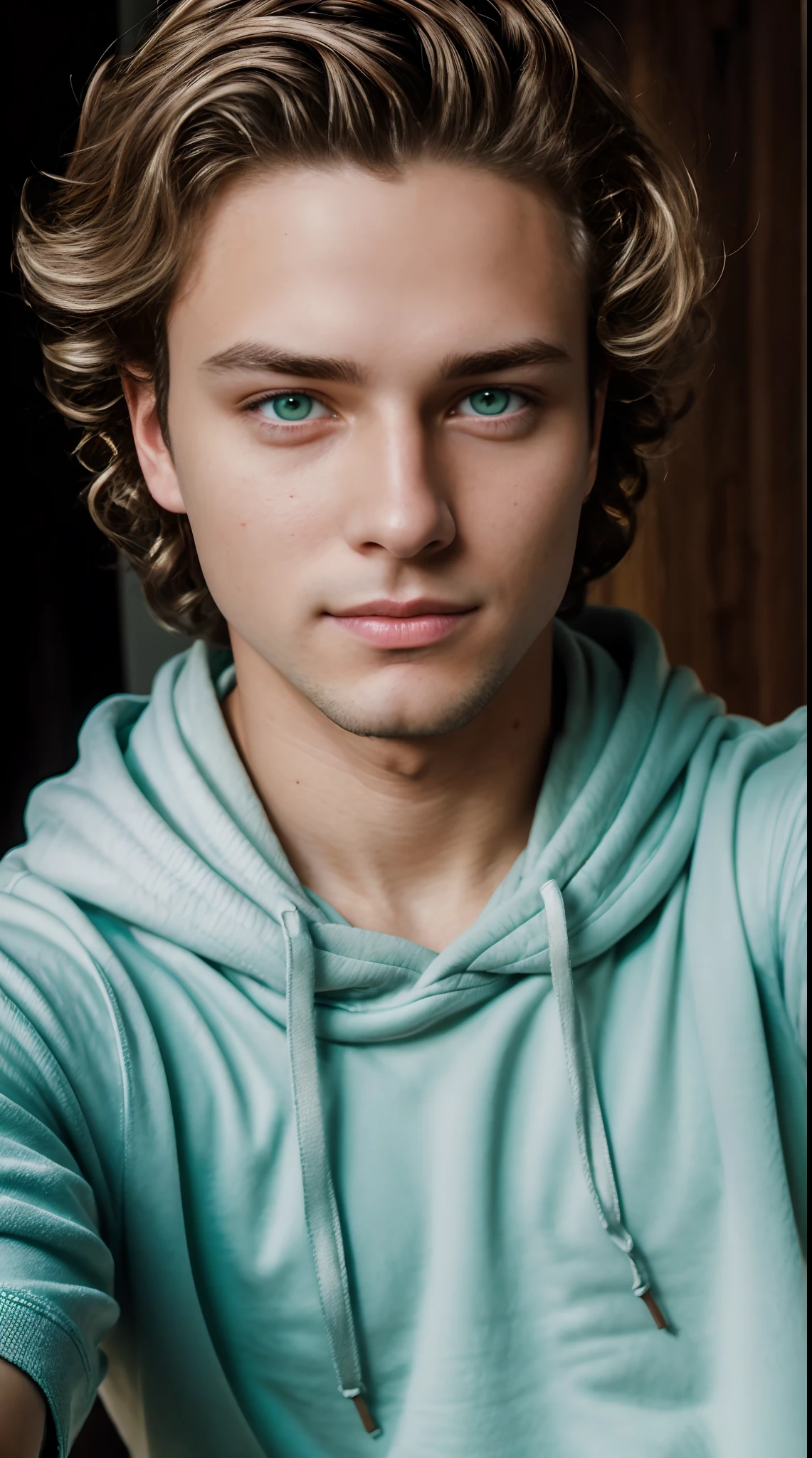 world press photo winner, (selfie:1.5), (award-winning photography:1.3), young man, blonde curly hair, realistic skin, (green eyes), clean shaved, cute, beautiful, skinny, (black hoodie: 1.4), (very sharp photo:1.1), (8k, RAW photo, best quality:1.3), (realistic, photo-realistic), bedroom, (selfie:1.5), analog style (look at viewer:1.2) (skin texture) (film grain:1.3), (warm hue, warm tone:1.2), close up, cinematic light, sidelighting, ultra high res, best shadow, RAW, upper body, Microgeometry, skin elasticity, light scattering through hair, ambient occlusion, multi-layer skin shading, facial muscle simulation, iris and pupil rendering, advanced color grading, young man, blonde curly hair, realistic skin, (green eyes), clean shaved, cute, beautiful, skinny,