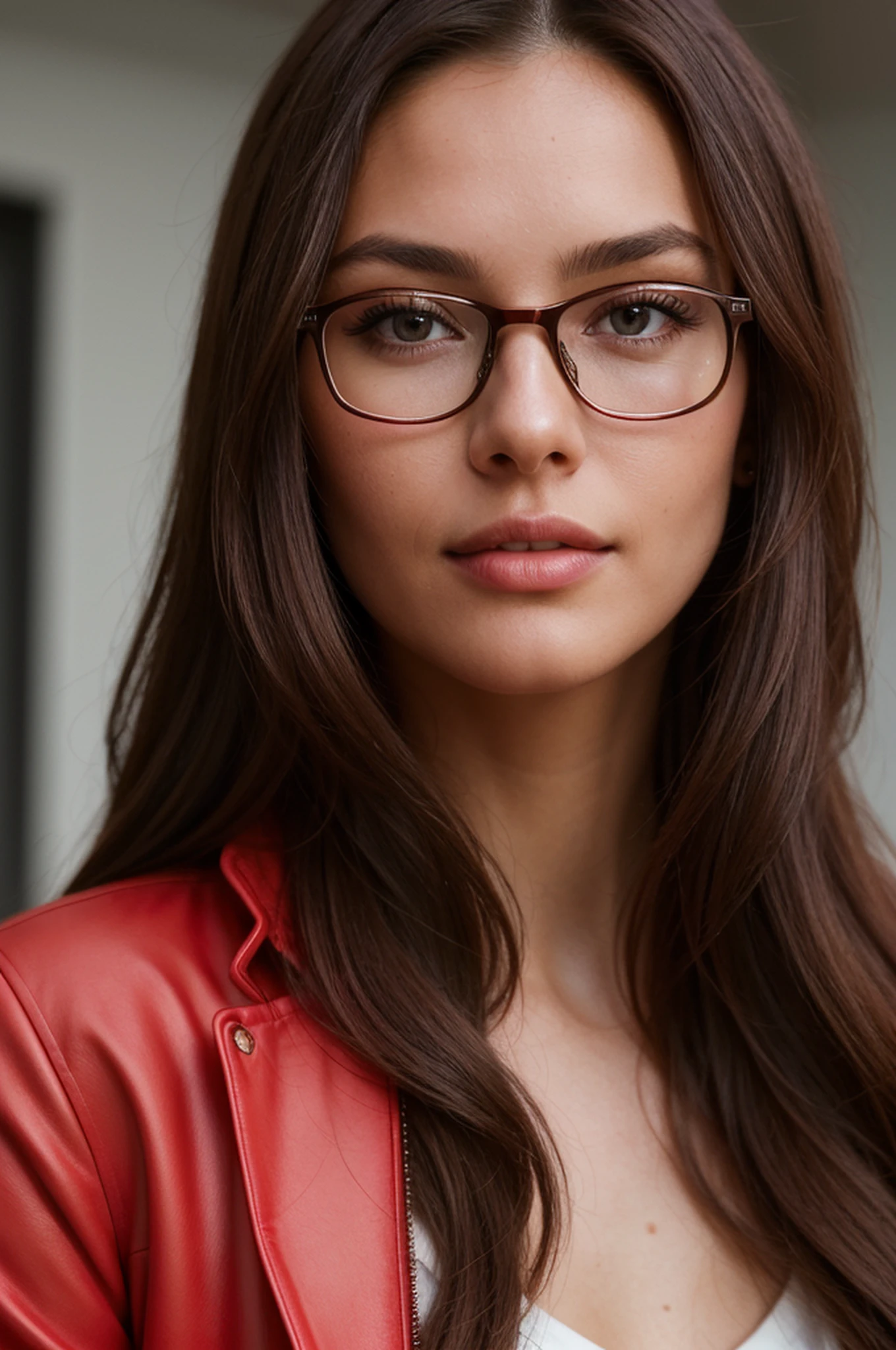 a closeup of a, Super model in her 20s with full eyes with long dark red detailed hair with a detailed face and a detailed body in a red jacket, with glasses on, close up portrait shot, nice ass, Stunning, realisti, with a fully detailed face, Barclay Shaw 8 K фотореалисты, detailed portrait shot, medium close-up shot, A hyper-realistic,
