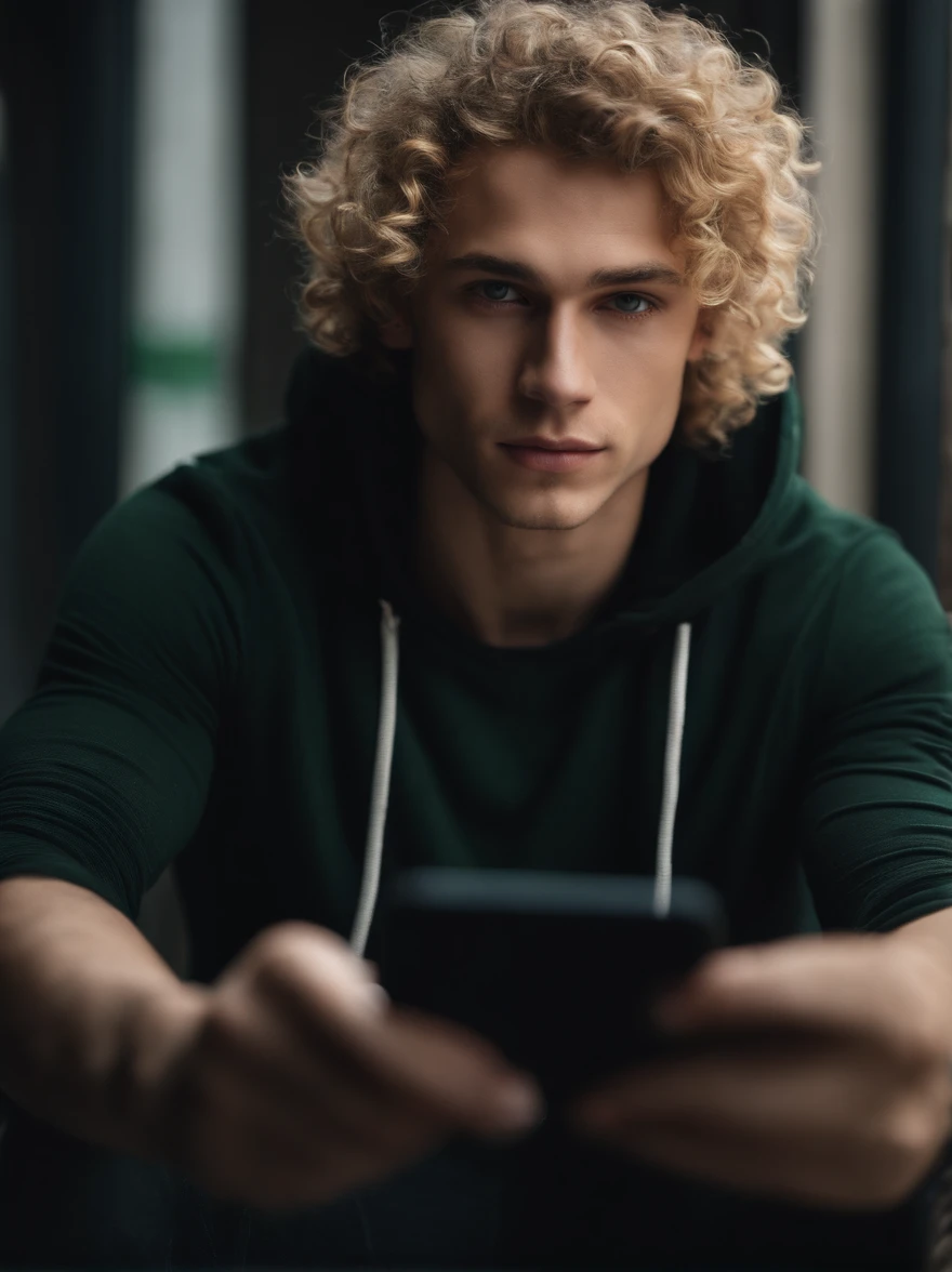 close up, (selfie:1.3), young man, blonde curly hair, green eyes, clean shaved, cute, beautiful, skinny, black hoodie, jeans