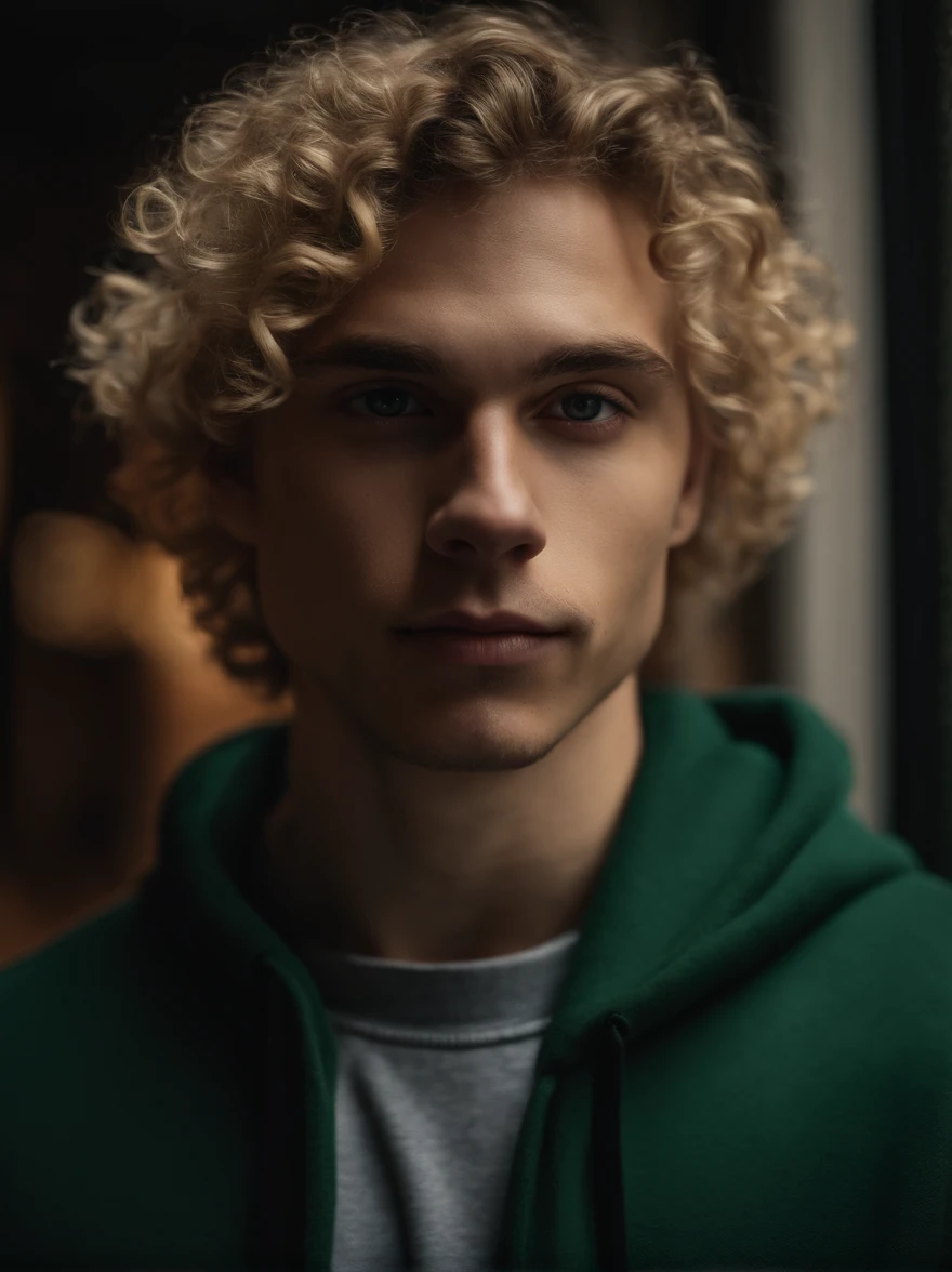close up, (selfie:1.3), young man, blonde curly hair, green eyes, clean shaved, cute, beautiful, skinny, black hoodie, jeans