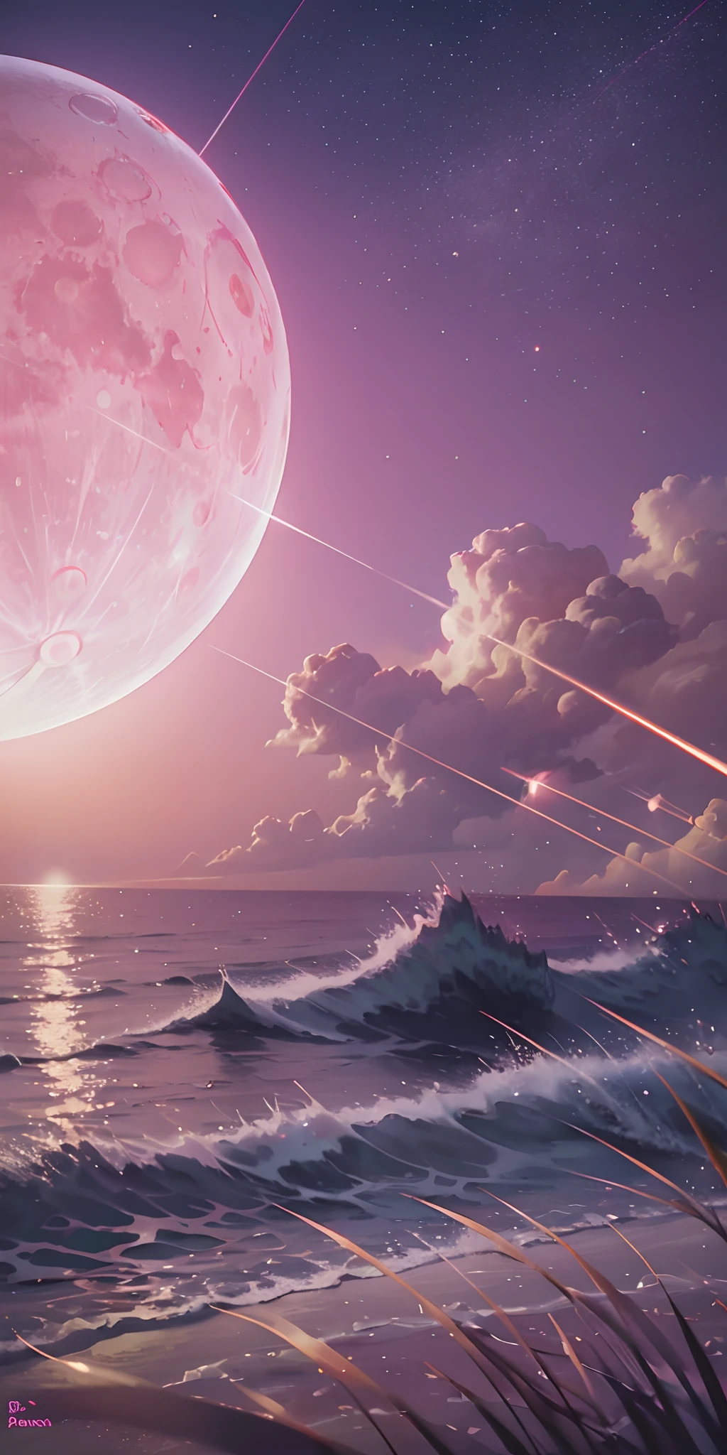 Pink moon, pink sky, pastel pink clouds, pink waves sparkling, sparkling, pink roses on pink ocean, fantasy, soft lighting, ultra hd, realism, cinematic effects, lens flare, aperture 16