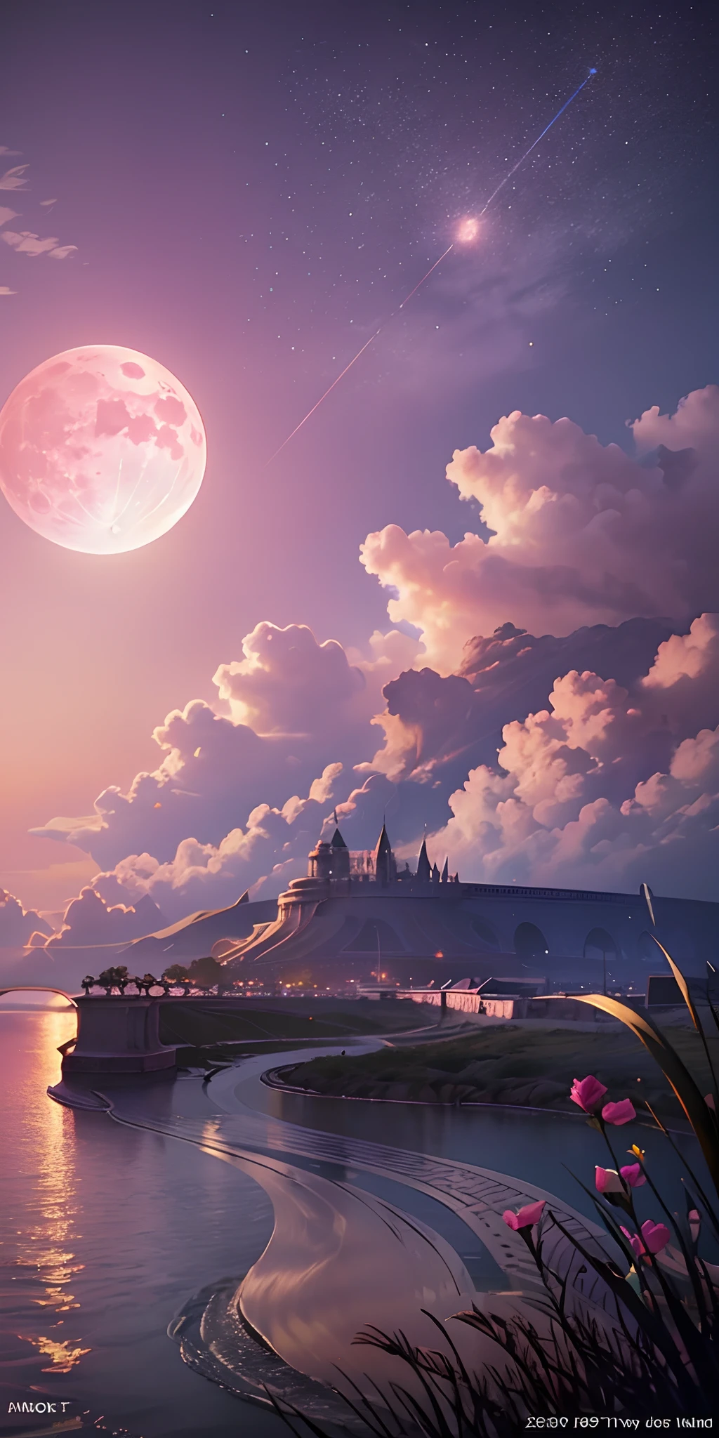 Pink moon, pink sky, pastel pink clouds, pink waves sparkling, sparkling, pink roses on pink ocean, fantasy, soft lighting, ultra hd, realism, cinematic effects, lens flare, aperture 16