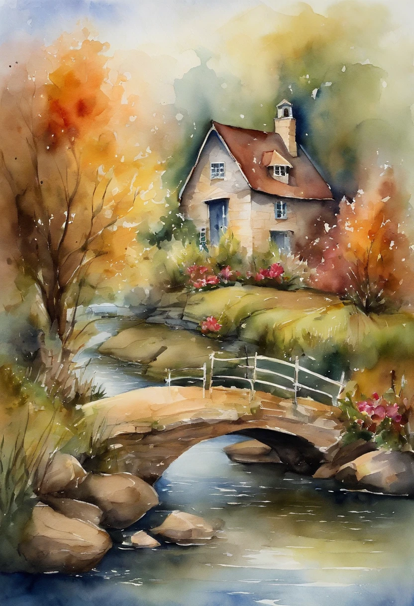 There are trees and flowers around the riverbank.Old country house,small bridge flowing water,A beautiful girl holds a cell phone in her hand
