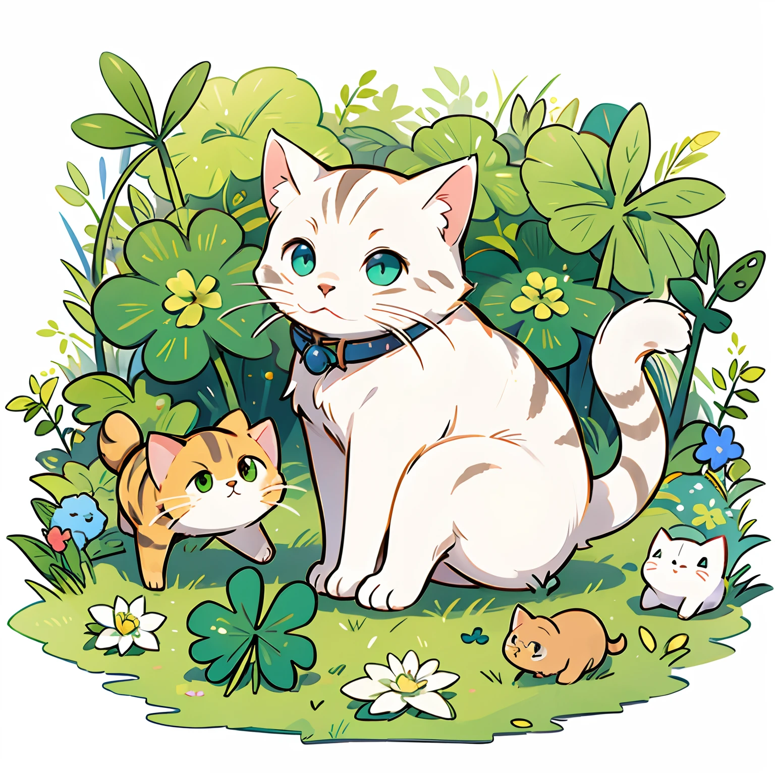 A cat looking for a four-leaf clover