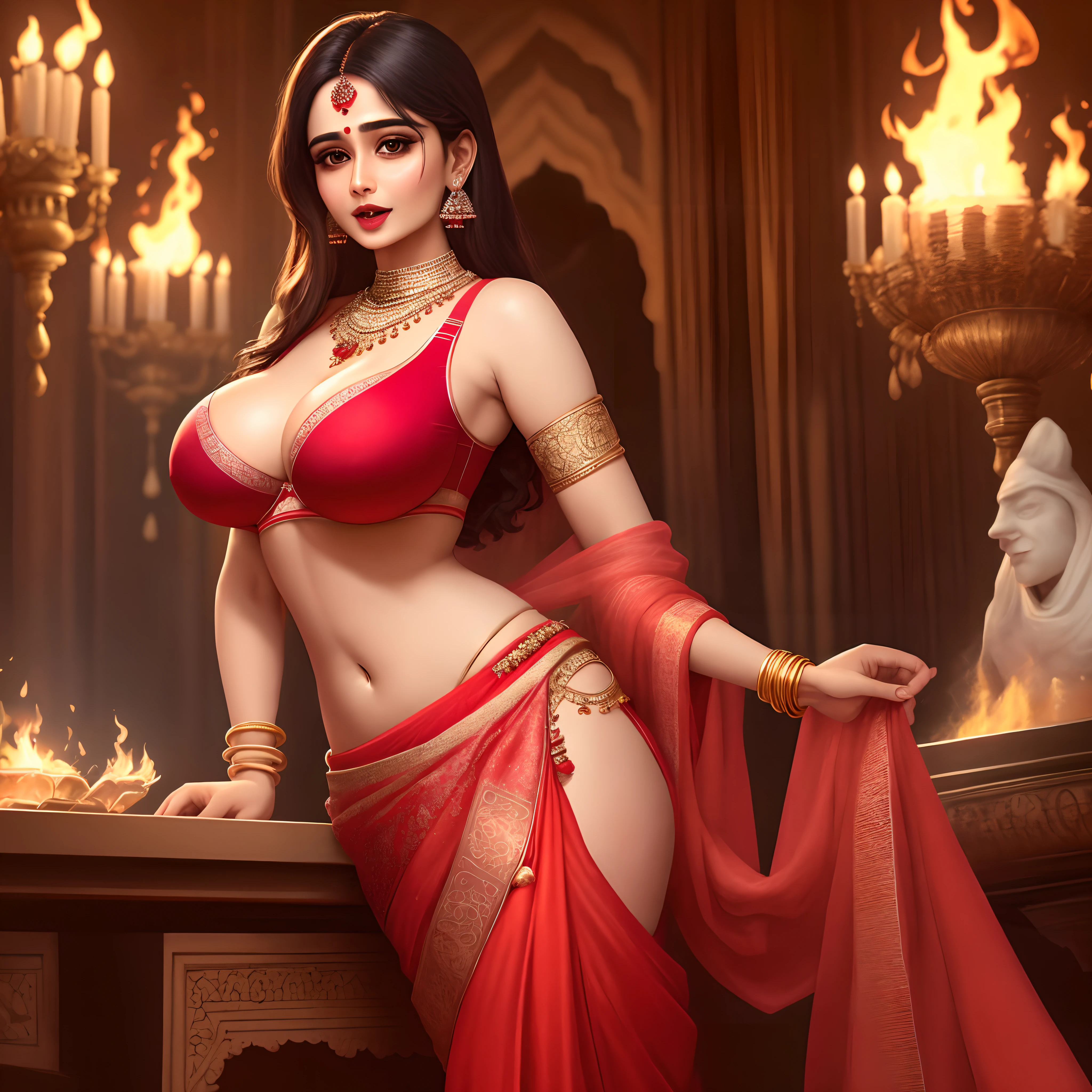 Rashi khana in hot red saree and bra, big breast, (jewellery neck),white face, in Palace, fire