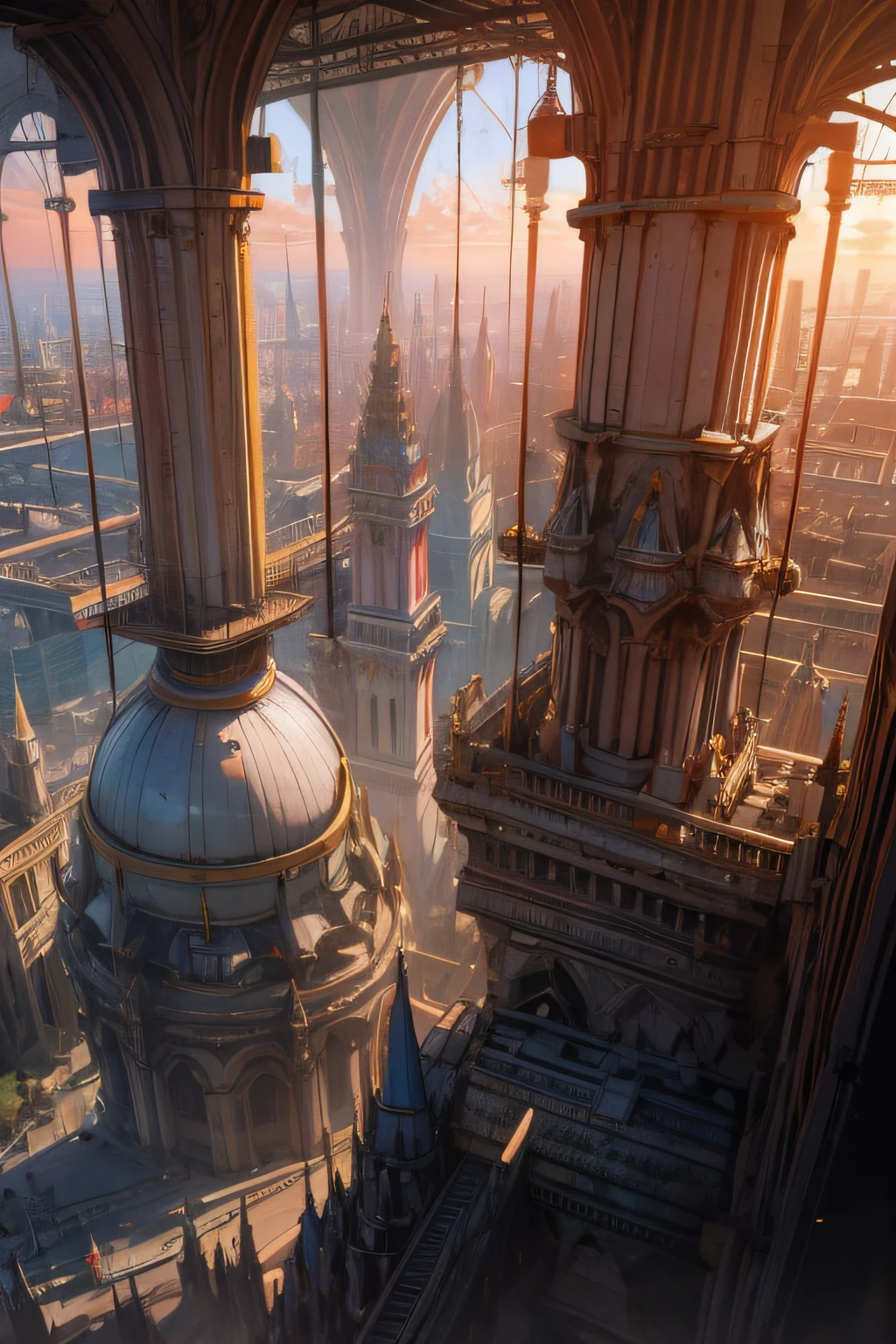 a vast futuristic city, arches and columns, flying buttresses, towers and spires, domes, neon lights, seen at sunset from a high vantage point, multicoloured, flying vehicles,