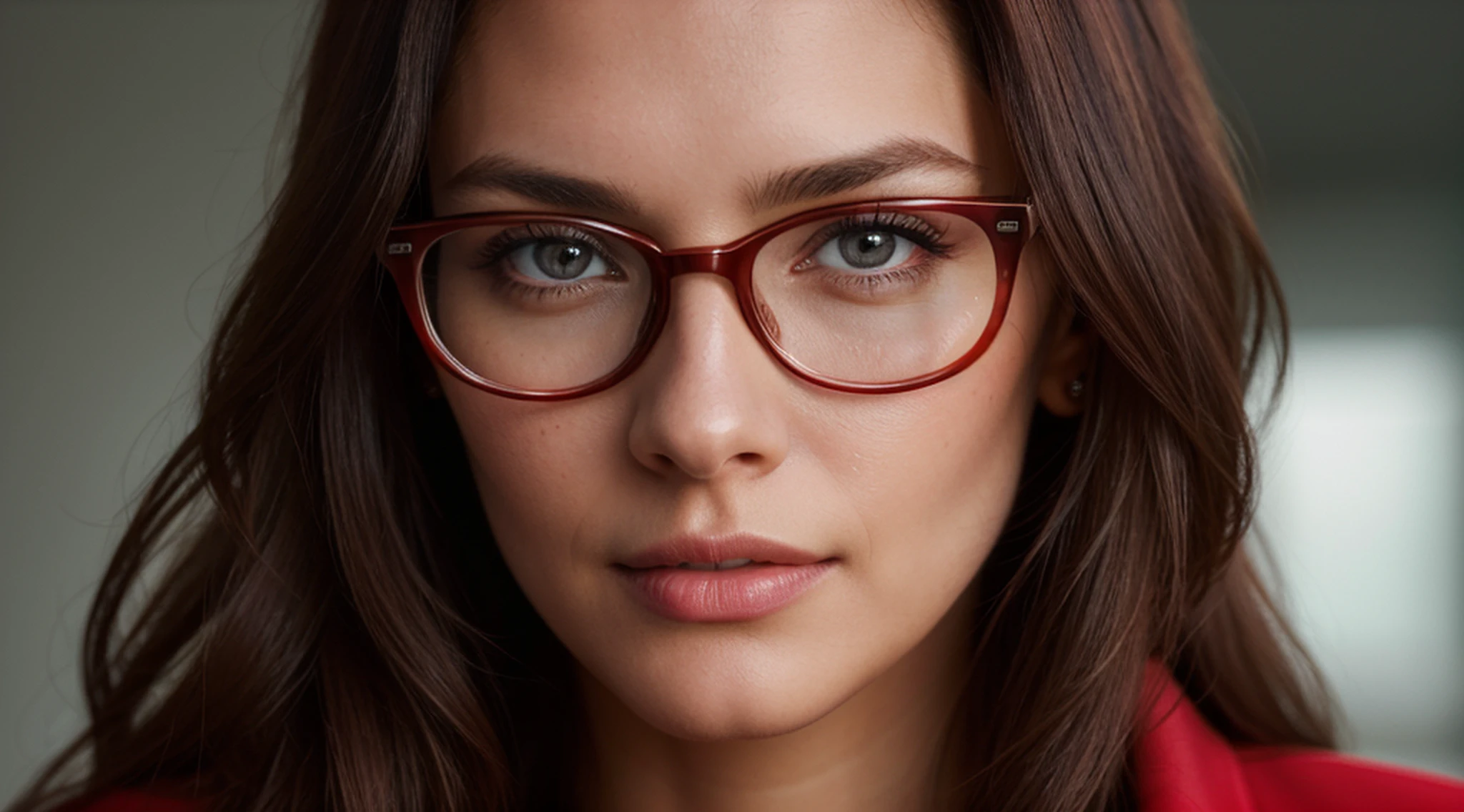 medium close-up shot,, Supermodel in her 20s with full eyes, long dark red detailed hair, a detailed face and a detailed body in a red jacket, with glasses on, close up portrait shot, nice ass, Stunning, realisti, with a fully detailed face, Barclay Shaw 8 K фотореалисты, detailed portrait shot, medium close-up shot, A hyper-realistic,