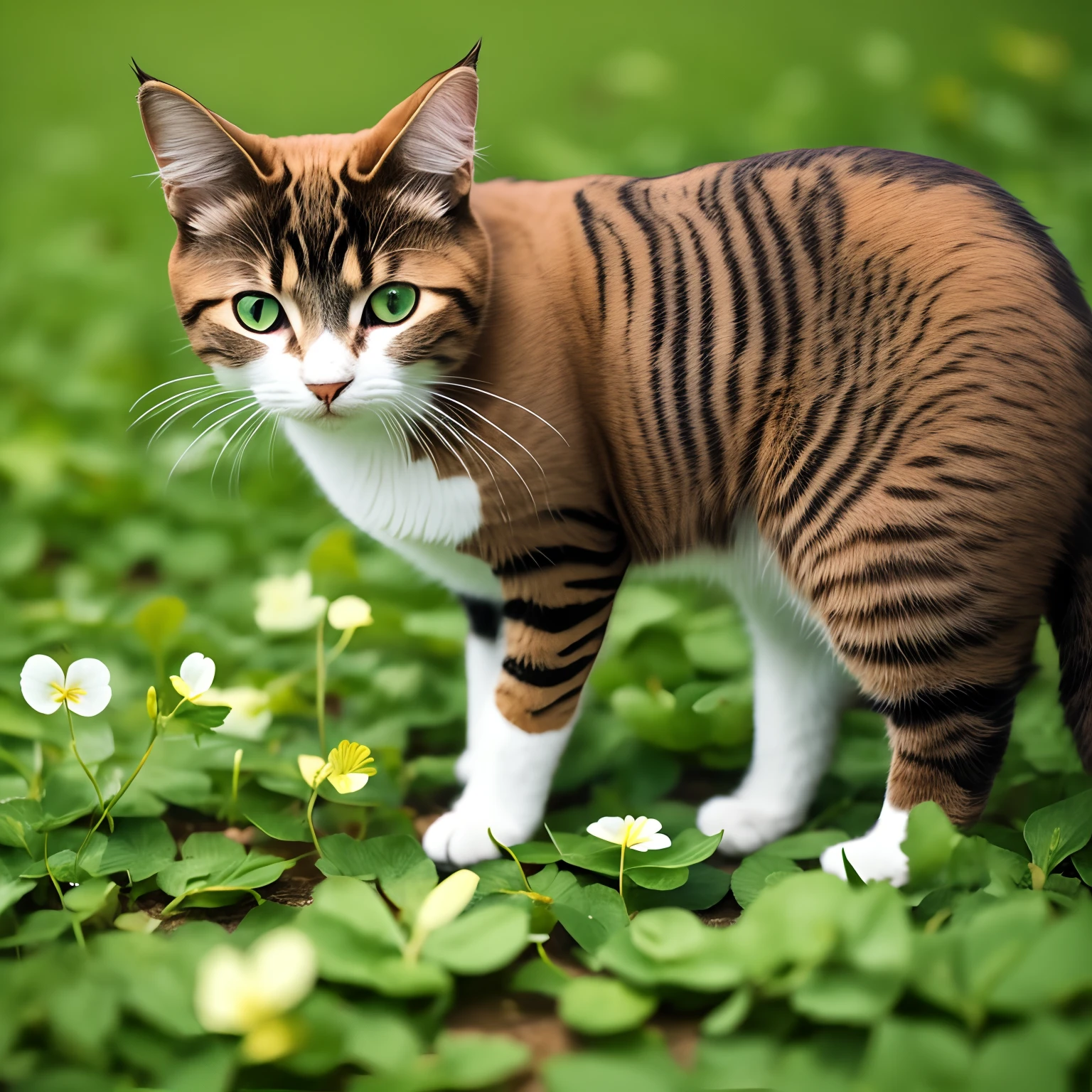 A cat looking for a four-leaf clover