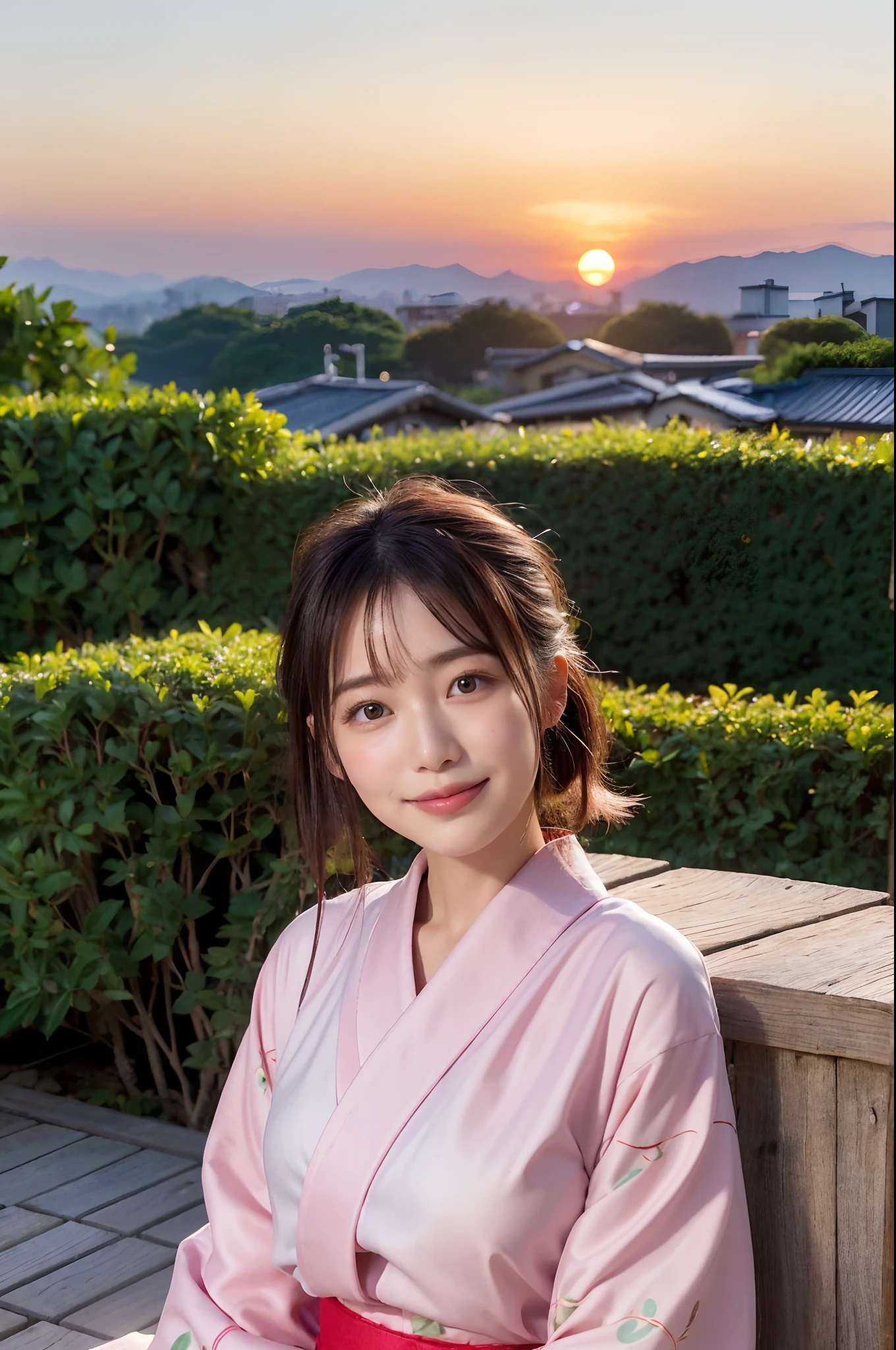 (natta:1.7), East Asian Architecture, 1womanl,Sitting on tatami mats, brunette color hair,(hair between eye), Lip flap, ,Beautiful fingers,Beautiful long legs,Beauty Body,Cute nose,Beautiful character design,perfect eyes,face perfect,looking at viewert,(Smile:0.3),offcial art,Very detailed CG Unity 8K wallpaper,Perfect litthing, 超A high resolution, nffsw, hight resolution, the background is blurred, Bokeh:1.2, (Beautiful_Face:1.5),(8K,Raw photo, 、Relax at a ryokan in Japan、The background is the open-air bath at night at a hot spring inn (Girls are not subjects:1.3) (Hair after a bath:1.3),(Hair is wet:1.3) ((Girls are not subjects:1.2))((Draw a wide night background:1.2),,((Yukata does not need gloss at all:1.7))、((No need for a Korean yukata or Korean-style hairstyle.:1.5)),((Faithfully and realistically reproduce a pure Japan yukata:1.5))((Light Pink Band:1.3)),((The background is the entrance living room、At night, Overlooking the inn's large and beautiful gardens..:1.3)),((8th class))、((Light Pink Band:1.5)) ((Beautiful shiny straight short long:1.5)) sixteen years old、((Beautiful shiny straight short long:1.5))((Pink Band))、((The color of the yukata is pink:1.3),(Faithfully and realistically reproduce the obi of a yukata:1.3) ((Faithfully and realistically reproduce a pure Japan yukata:1.5)),a sense of depth、Night Hostel (Outside you can see the bright red sunset.:1.3) sixteen years old、Colossal tits、Japanese style Emotions of Japan people Japan culture Japan traditions Orthodox hairstyles of Japan women ((Bright red sunset sky))