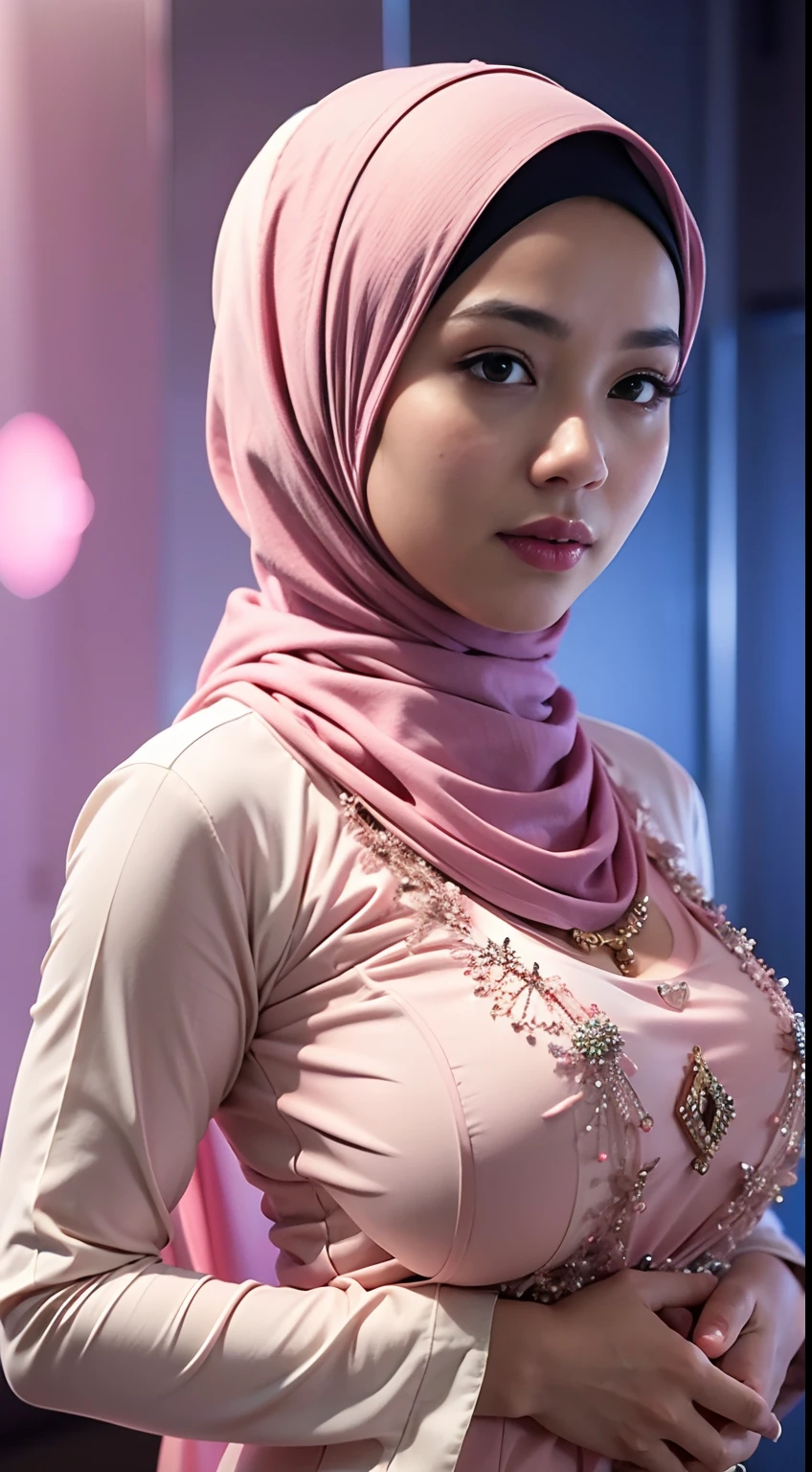 1 Malay girl, modern plain hijab, shy, medium portrait, watery eyes, pink glowing particles, wearing kebaya covering the entire chest,pastel pink, pink light bokeh background, well-proportioned body,