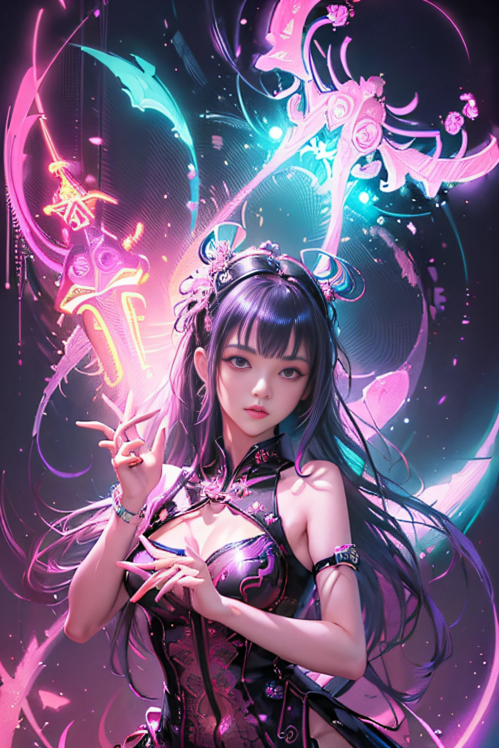 (masutepiece, of the highest quality, Best Quality, offcial art, Beautiful and aesthetic:1.2), (1girll:1.3), Extremely detailed,(Fractal Art:1.2),Colorful,highest details,( Zen Neon:1.2), (Dynamic Pose), (Abstract background neon lights:1.5), (Trident Dresses:1.2), (Shiny skin), (Many colors:1.4), Upper body ,Neon light,16 K,Full-HD
