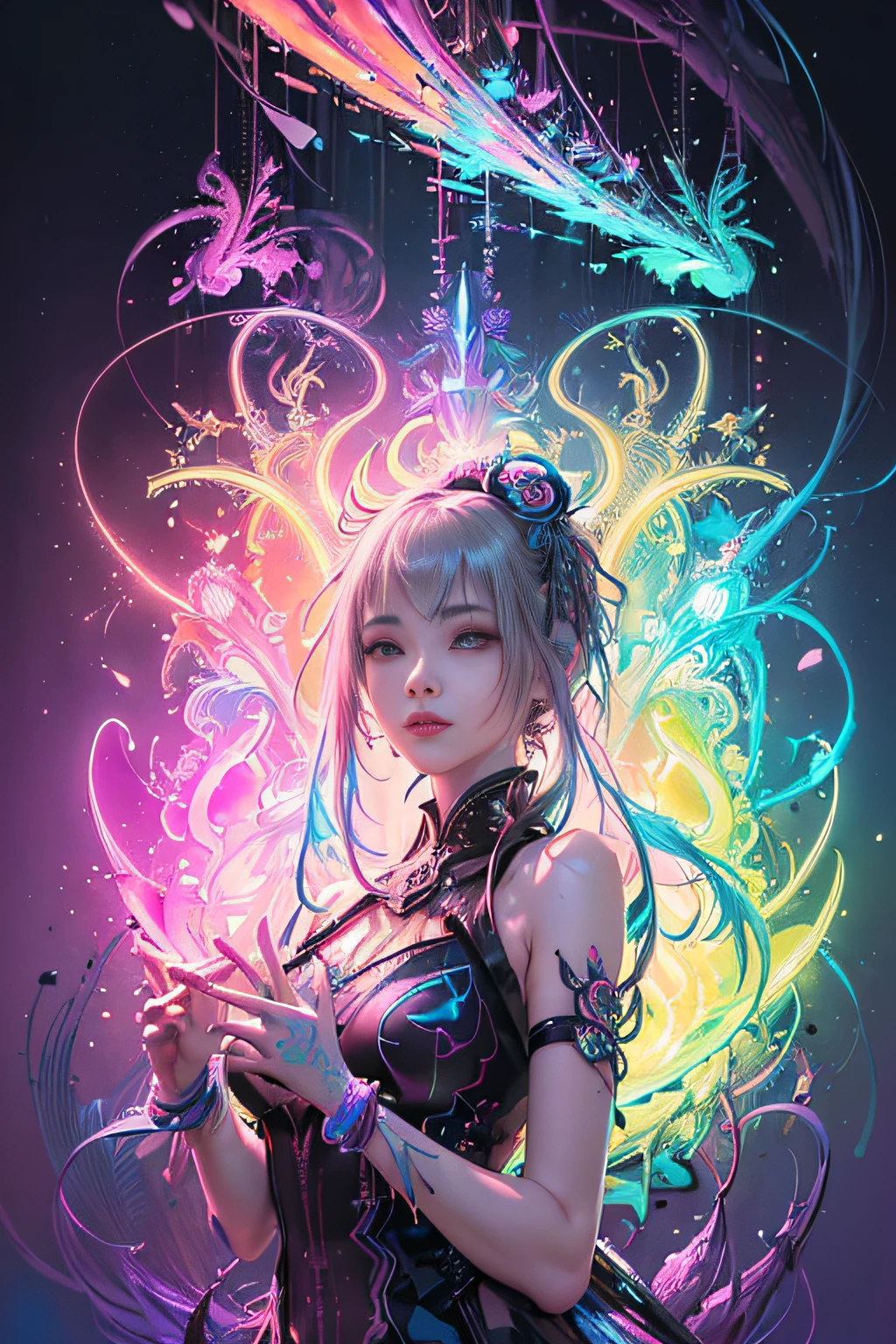 (masutepiece, of the highest quality, Best Quality, offcial art, Beautiful and aesthetic:1.2), (1girll:1.3), Extremely detailed,(Fractal Art:1.2),Colorful,highest details,( Zen Neon:1.2), (Dynamic Pose), (Abstract background neon lights:1.5), (Trident Dresses:1.2), (Shiny skin), (Many colors:1.4), Upper body ,Neon light,16 K,Full-HD