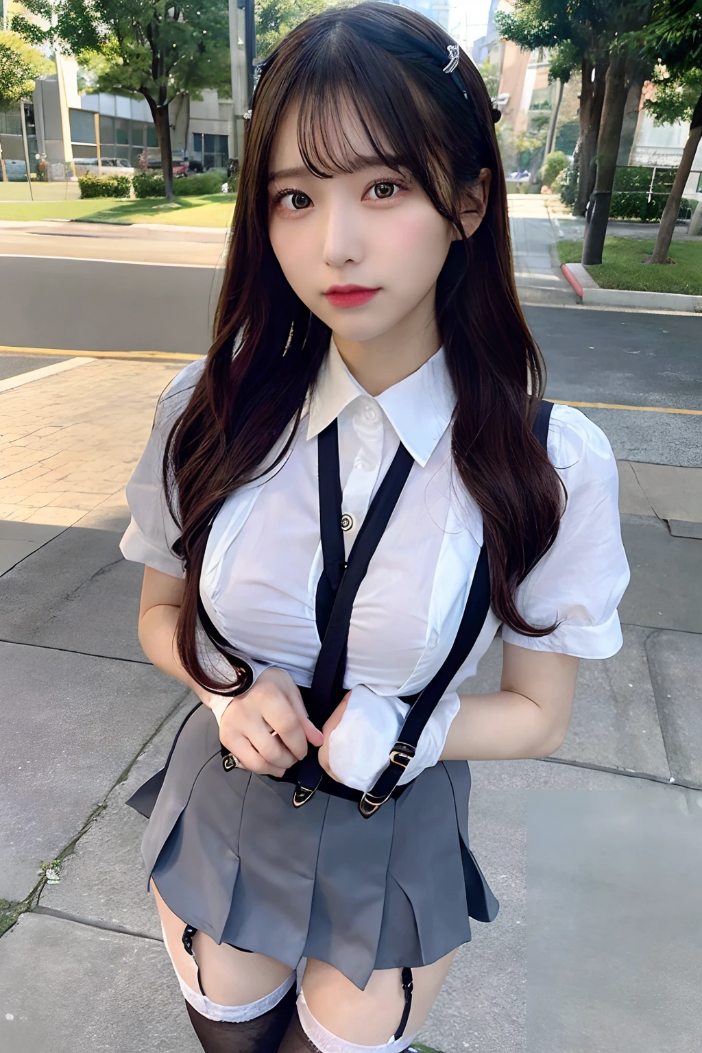 masterpiece、top-quality、The ultra -The high-definition、、colourfull、flat-colors、depth of fields、lens flare 1 girl、、A dark-haired、watching at viewers、Schools、Classroom、a miniskirt、Detailed feel、Detailed Cloth Texture、beautifull detailed face、beauty of 30 years old、Adult atmosphere、Pubic hair shows through garters Stockings large full breasts suspenders is standing glares knee high Niso knee high socks
