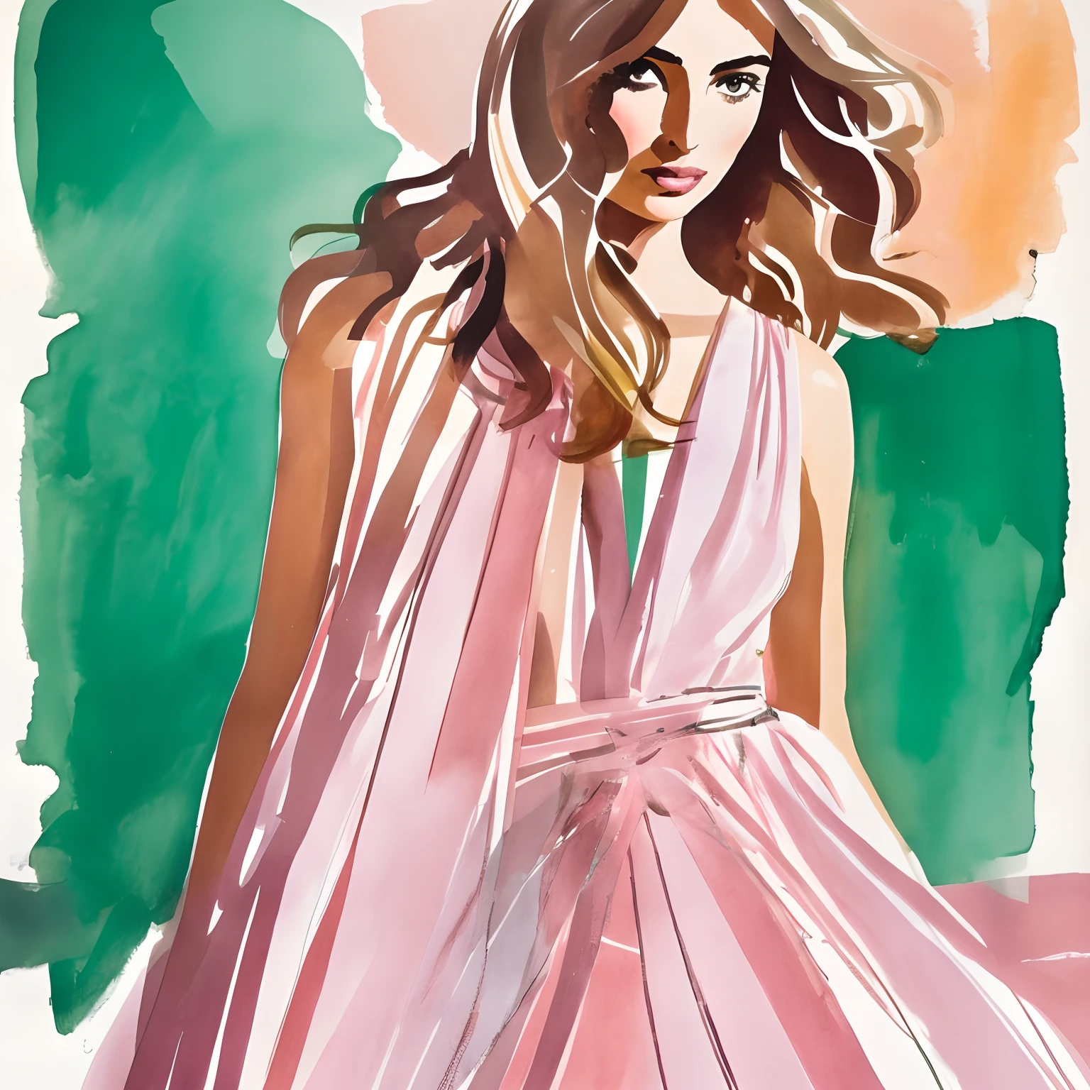 David downton fashion illustration, drawing, blonde bob thin hair 1woman, andreea diaconu, lilac pink airy dress, slim figure, tuscany green, italy, grape, sunlight, peach color, light colors