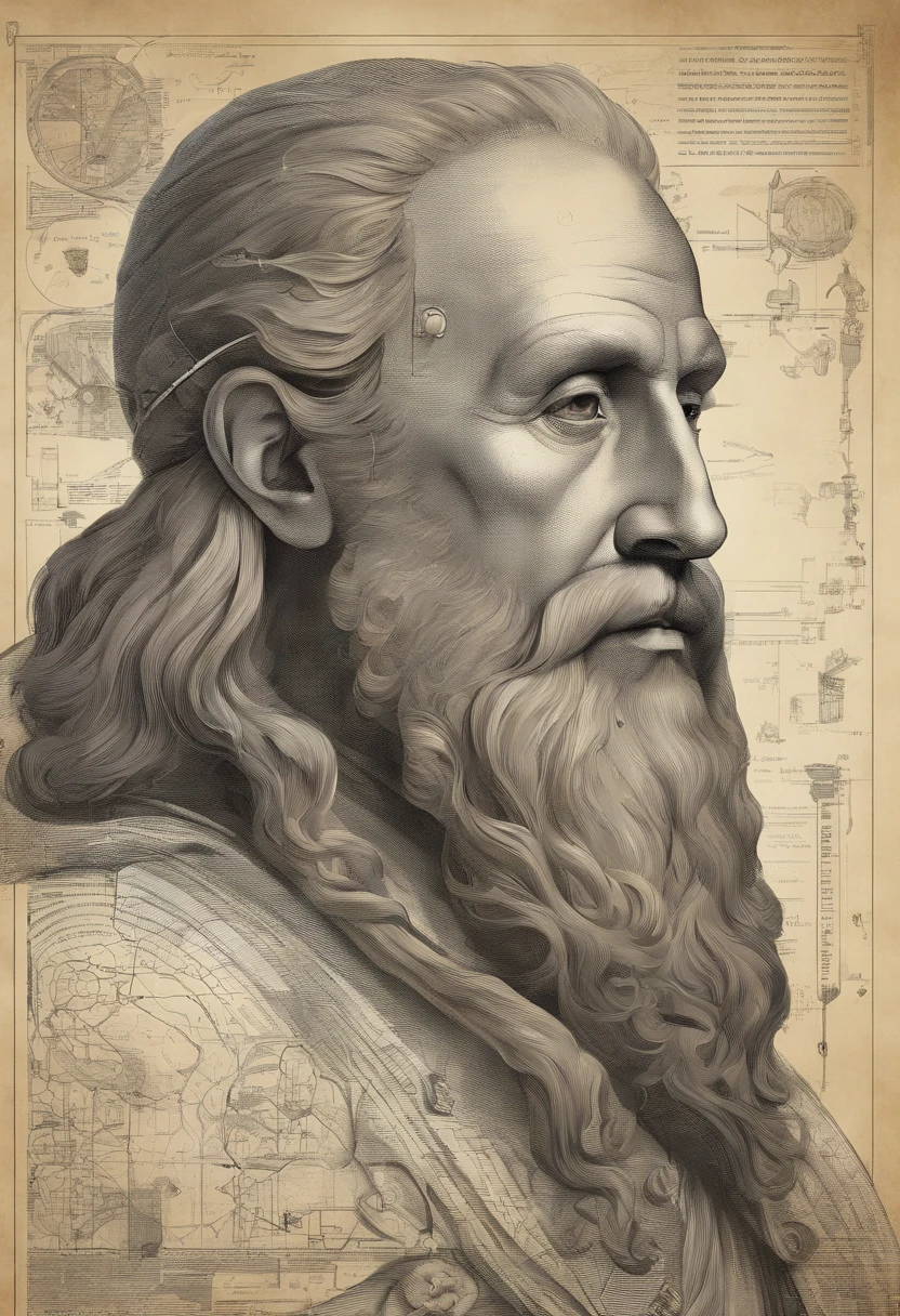 arte digital ultra-detalhada. AI masculino Leonardo Da Vinci. AI Machine. Momento inovador. IA ganha vida. 8K resolution. texturas hiper-realistas. anatomia perfeita. Cinematic heights. sci-fi elements. Futuristic fascination. cores vibrantes e vivas. Aura of innovation and discovery. Captivating interaction. Retrato fotorrealista inspirador. A futuristic vision of the scientist Leonardo da Vinci.