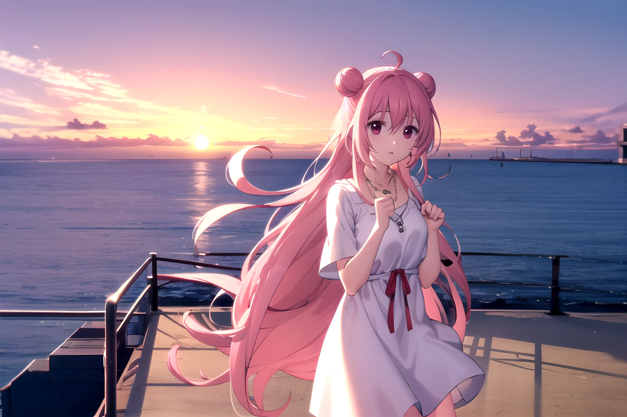 Sato, Hair bread, Long hair, Pink hair, Red Eyes, Cold wind, White dress, summer dress, Seafront, sunset, Be Your Eyes, necklaces