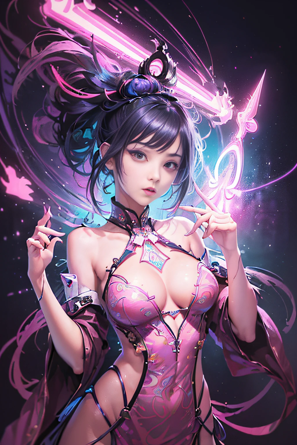 (masutepiece, of the highest quality, Best Quality, offcial art, Beautiful and aesthetic:1.2), (1girll:1.3), Extremely detailed,(Fractal Art:1.2),Colorful,highest details,( Zen Neon:1.2), (Dynamic Pose), (Abstract background neon lights:1.5), (Trident Dresses:1.2), (Shiny skin), (Many colors:1.4), Upper body ,Neon light,16 K,Full-HD