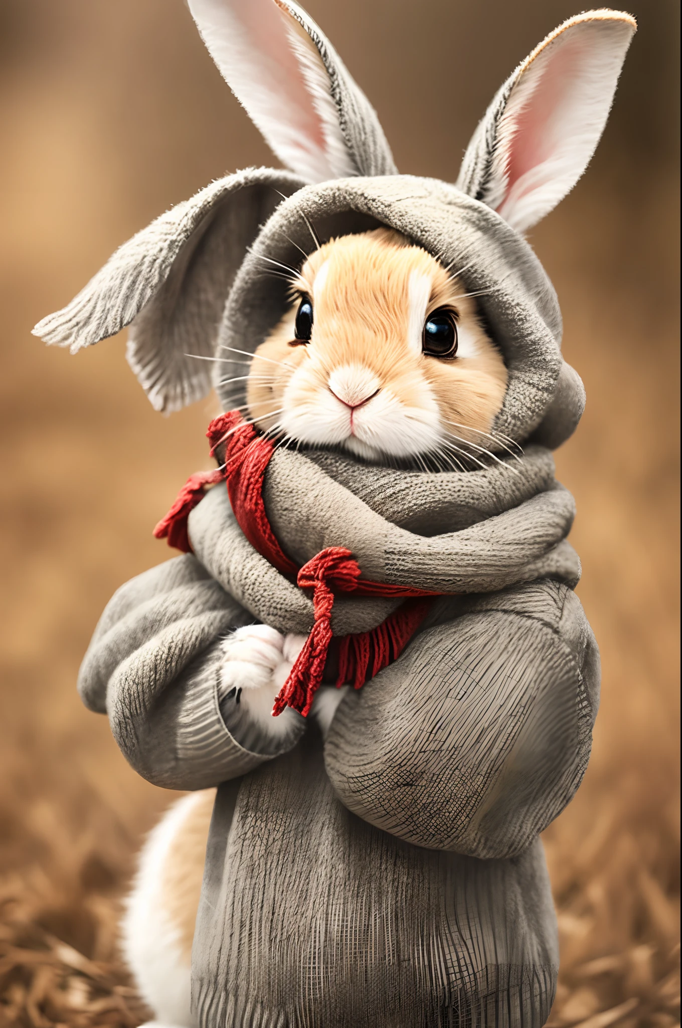 close-up of a rabbit in a sweater and scarf, Cute anthropomorphic rabbit, Charmingly cute, Charming appearance!!!,