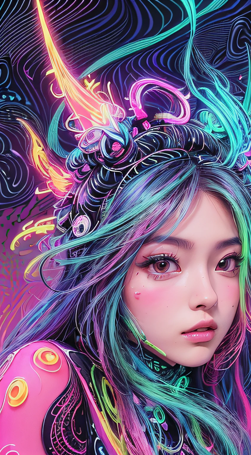 (masutepiece, of the highest quality, Best Quality, Official art, Beautiful and aesthetic:1.2), (1girl in:1.3), Extremely detailed,(Fractal Art:1.2),Colorful,highest details,( Zentangle Neon:1.2), (Dynamic Pose), (Abstract background neon:1.5), (Congressional Dresses:1.2), (Shiny skin), (Many colors:1.4), Upper body ,neons,16 K,Full-HD