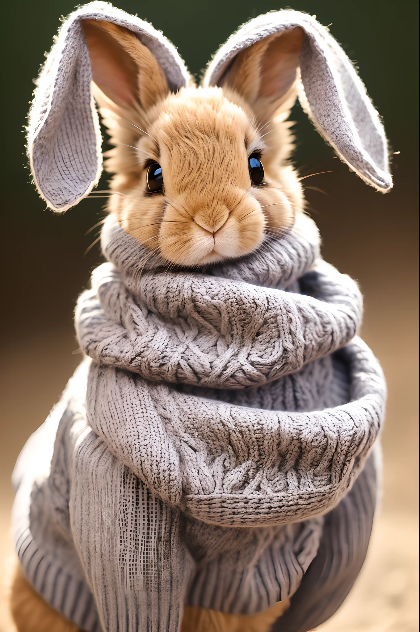 close-up of a rabbit in a sweater and scarf, Cute anthropomorphic rabbit, Charmingly cute, Charming appearance!!!,