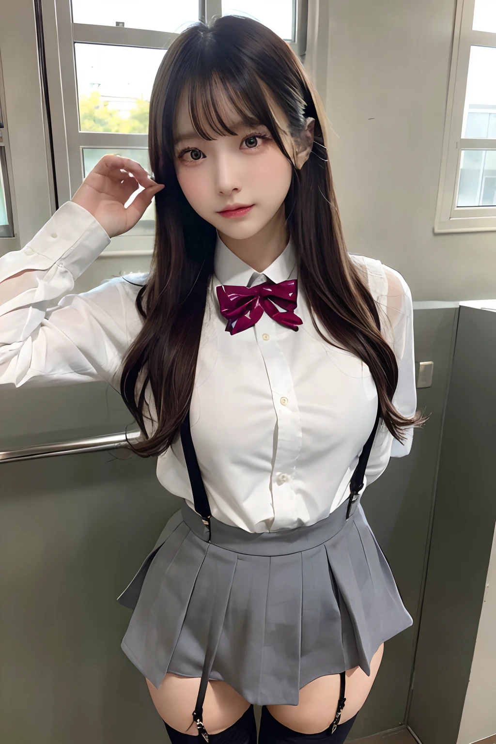 masterpiece、top-quality、The ultra -The high-definition、、colourfull、flat-colors、depth of fields、lens flare 1 girl、、A dark-haired、watching at viewers、Schools、Classroom、a miniskirt、Detailed feel、Detailed Cloth Texture、beautifull detailed face、beauty of 30 years old、Adult atmosphere、 garters Stockings large full breasts suspenders is standing glares knee high Niso knee high socks