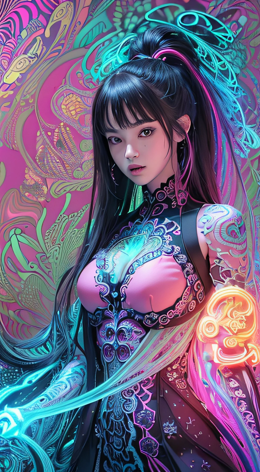 (masutepiece, of the highest quality, Best Quality, Official art, Beautiful and aesthetic:1.2), (1girl in:1.3), Extremely detailed,(Fractal Art:1.2),Colorful,highest details,( Zentangle Neon:1.2), (Dynamic Pose), (Abstract background neon:1.5), (Parliamentary Dresses:1.2), (Shiny skin), (Many colors:1.4), Upper body ,neons,16 K,Full-HD