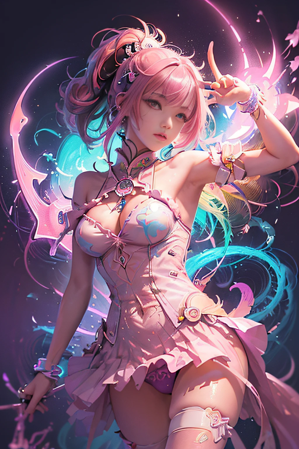 (masutepiece, of the highest quality, Best Quality, offcial art, Beautiful and aesthetic:1.2), (1girll:1.3), Extremely detailed,(Fractal Art:1.2),Colorful,highest details,( Zen Neon:1.2), (Dynamic Pose), (Abstract background neon lights:1.5), (Trident Dresses:1.2), (Shiny skin), (Many colors:1.4), Upper body ,Neon light,16 K,Full-HD