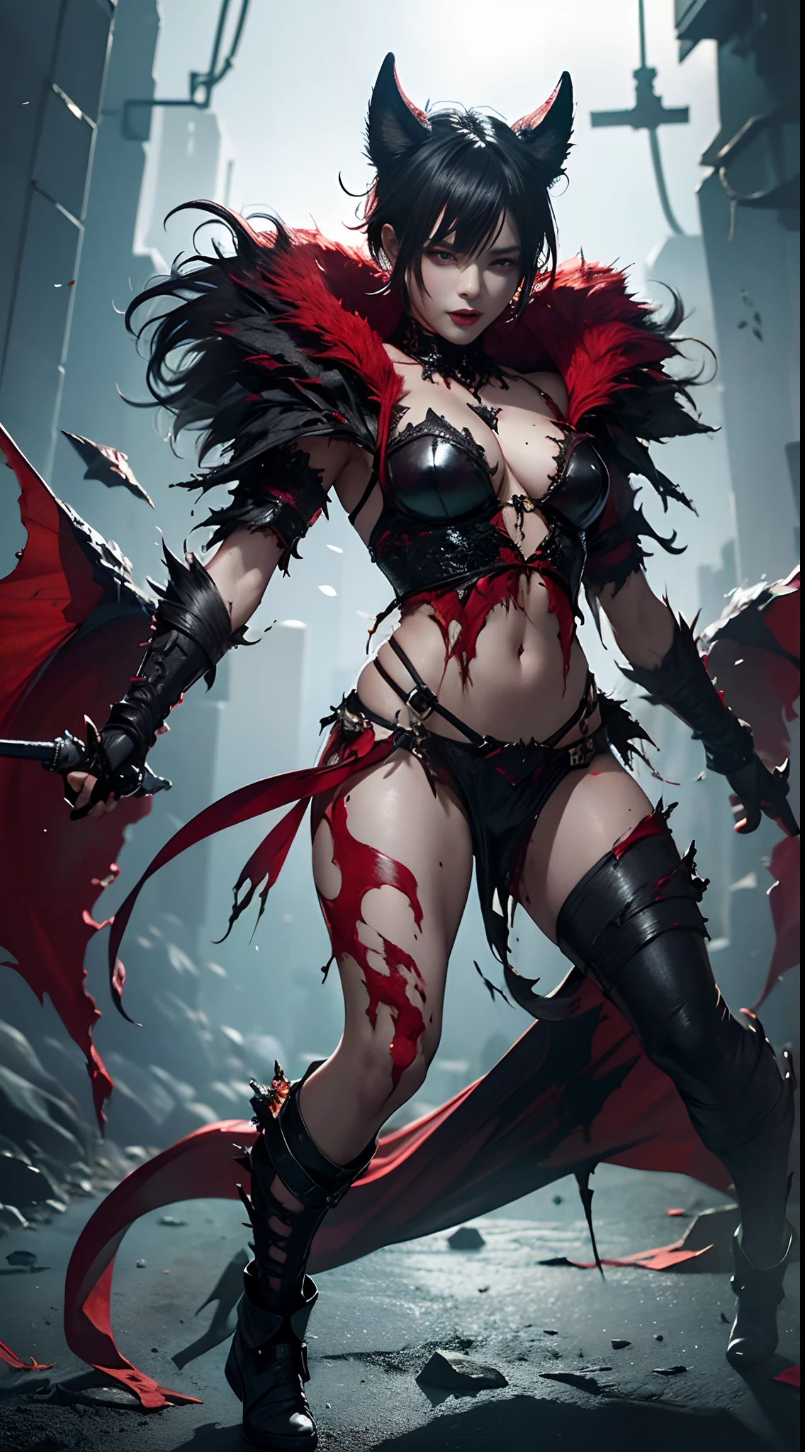 (Best Quality,4K,High resolution), Devil Girl,(Best Quality,4K,High resolution), An atypical change in which the body is covered with jet-black fur,well-muscled、 transform,An abnormal,sharp eye,Red glowing eyes,Facial expression enhancement,,Changing the Appearance of a Transform,Beastification,buttle,Reproduce delicate and realistic skin texture in detail,musculature、Realistic portrayal,Vibrant colors,expresive,Classic background(Best Quality,4K,High resolution), Comical appearance,(Best Quality,4K,High resolution), 18yo woman, Purple highlights on black hair,Boyish berry shorthair 、disheveled short hair, Cool Woman,Beastification,Cold eyes ,sharp eye,Red and black torn clothes with intricate decoration,comic strip,animesque,Comical illustration,busy,Deformed cute illustration,Full body projection,Doomsday World,Fighting,Dark worldview,Delicately reproduced dynamism、Combat stance