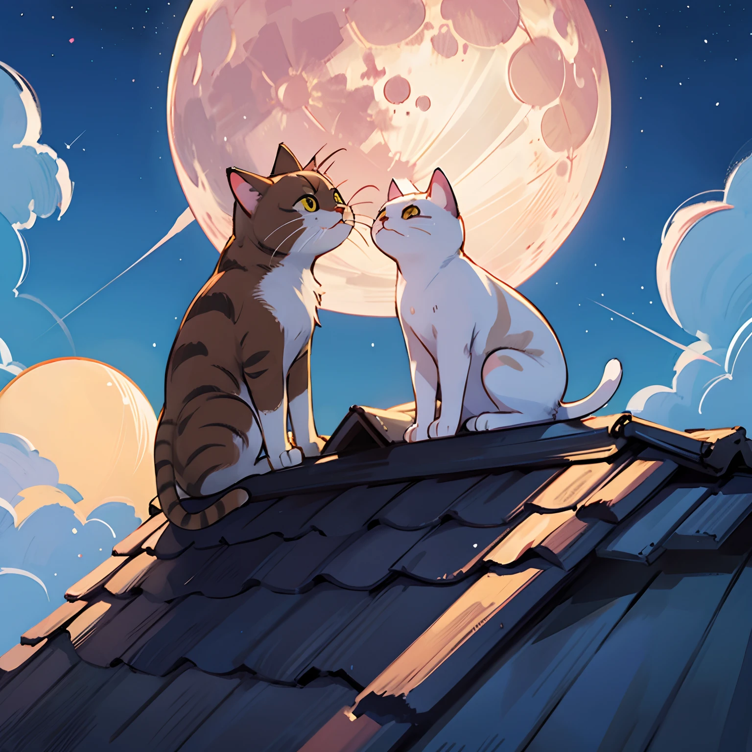 Cat looking up at the big moon、Cat on the roof