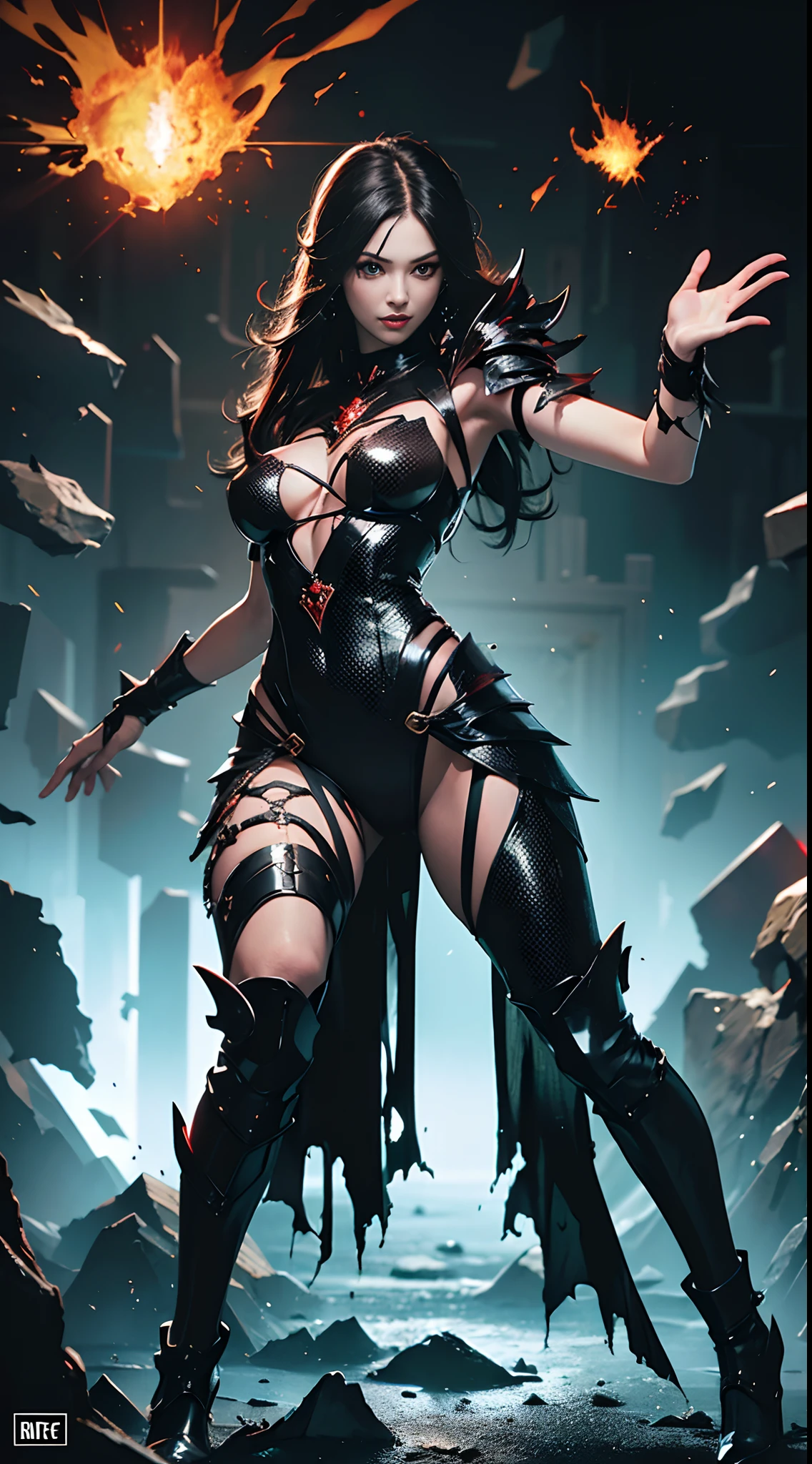 (Best Quality,4K,High resolution), Dark Hero,Superhumanization、(Best Quality,4K,High resolution),transform,An abnormal,sharp eye,Red glowing eyes,Facial expression enhancement,,Changing the Appearance of a Transform,Over Tortoiseman,buttle,Reproduce delicate and realistic skin texture in detail,musculature、Realistic portrayal,Vibrant colors,expresive,Classic background(Best Quality,4K,High resolution), Comical appearance,(Best Quality,4K,High resolution), 18yo woman, Red highlights on black hair, Long hair, Straight hair, Cool Woman,Superhumanization,Cold eyes ,sharp eye,Red and black torn clothes with intricate decoration,comic strip,animesque,Comical illustration,busy,Deformed cute illustration,Full body projection,Doomsday World,Fighting,Dark worldview,Delicately reproduced dynamism、Combat stance