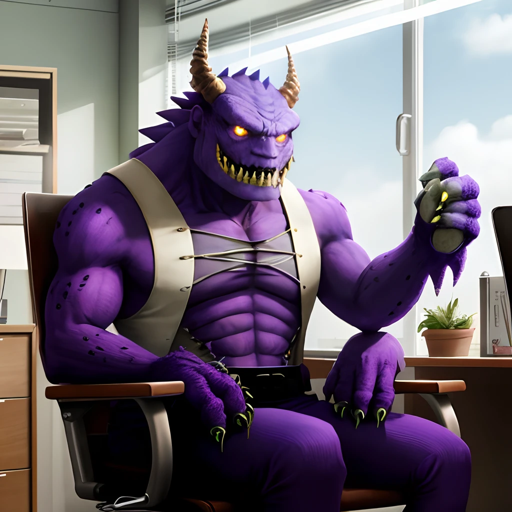 a purple-colored monster sitting in a chair in his office.