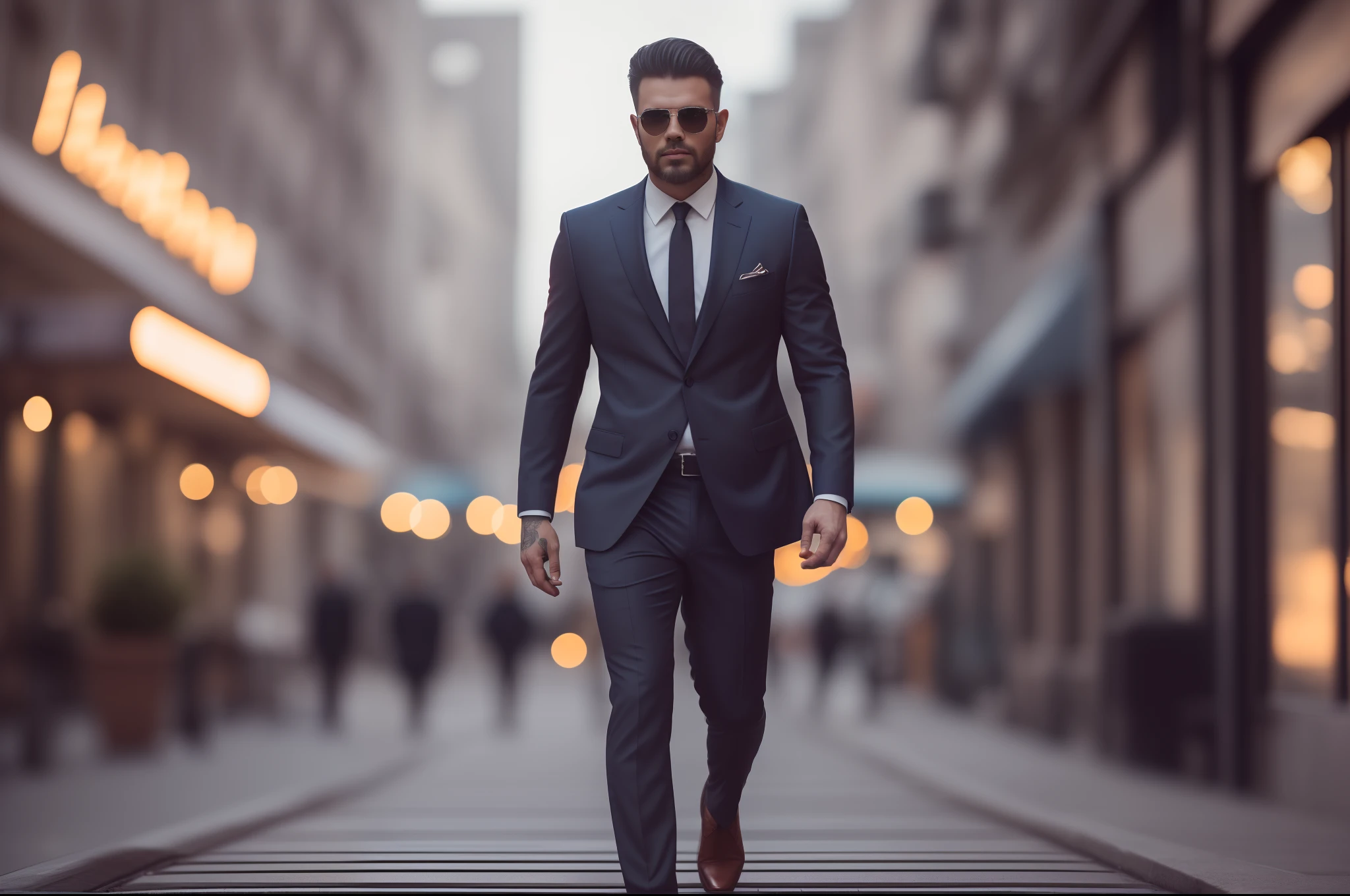 ((full body)), sexy man, tattoo, (boss suit), walk in the street, handsome, naturel lighting, dramatic lighting, canon R6 RF100mm F2.8 L MACRO IS USM lens, ISO 100 f.2.6 photo realism, ray traced reflections, Cinestill 800T cinematic lighting, soft lighting, intricate details, depth of field, photography, cinematic shot, cold tone 9:16 defocus + text + watermark - --auto --s2