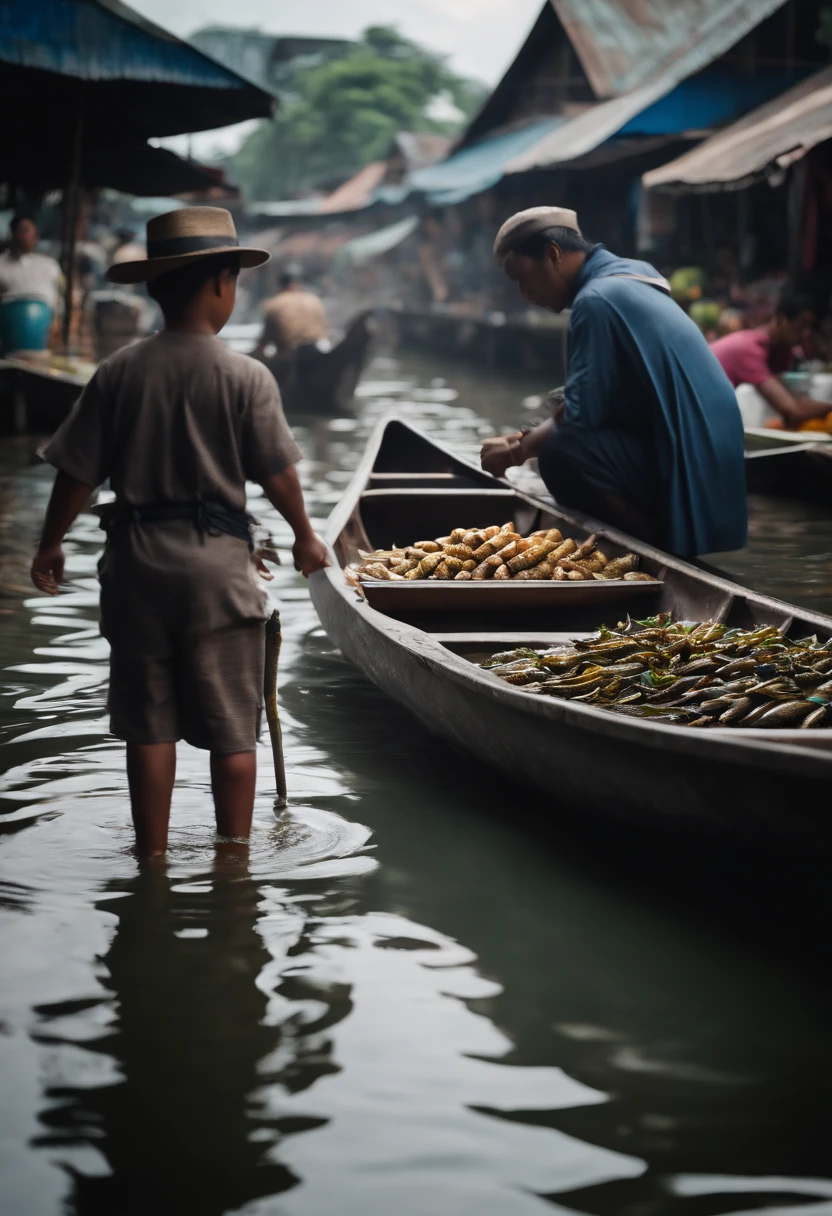 Batman and his son sell fish on a canoe, at Bangkok's floating market