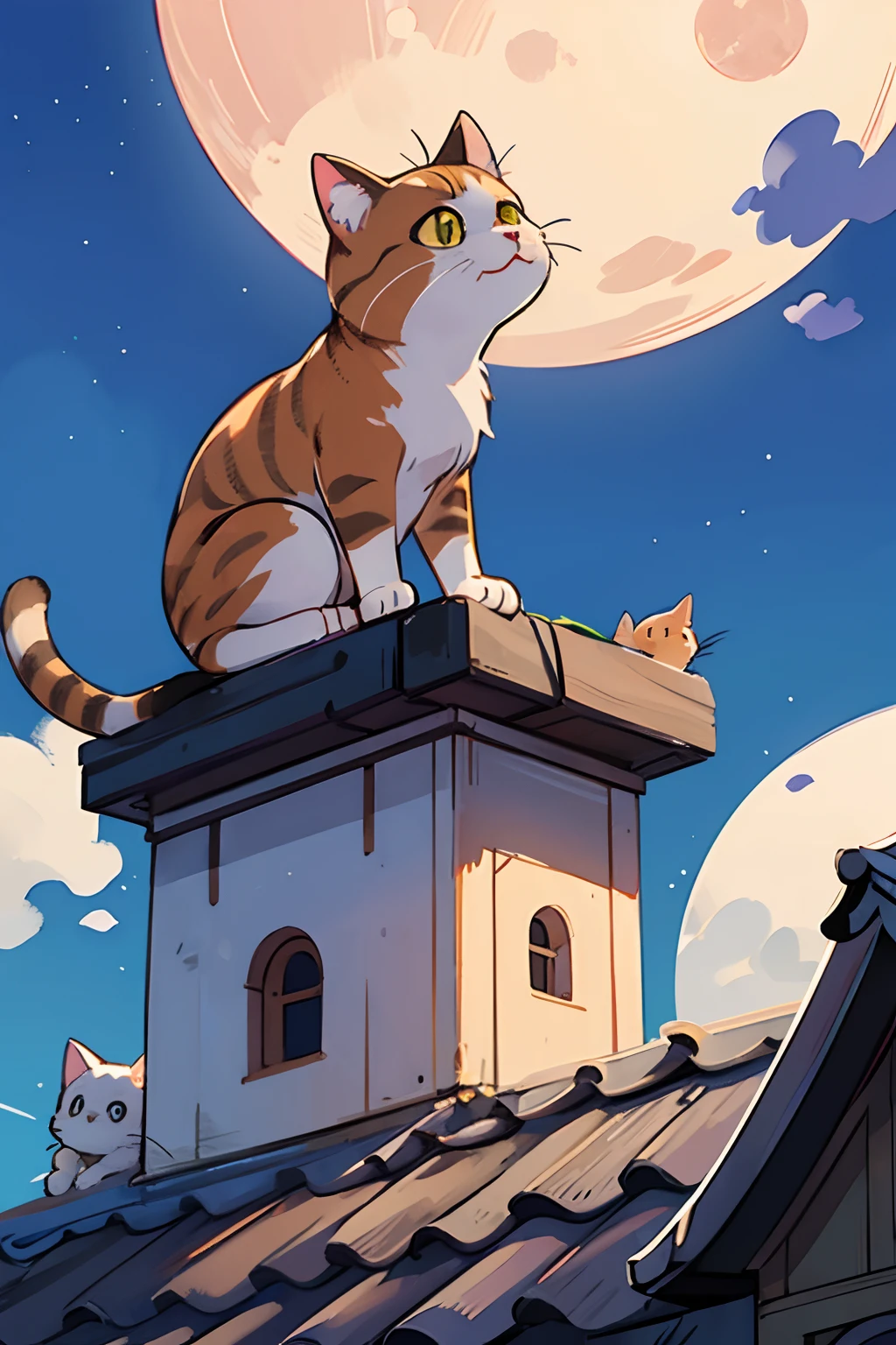 Cat looking up at the big moon、Cat on the roof