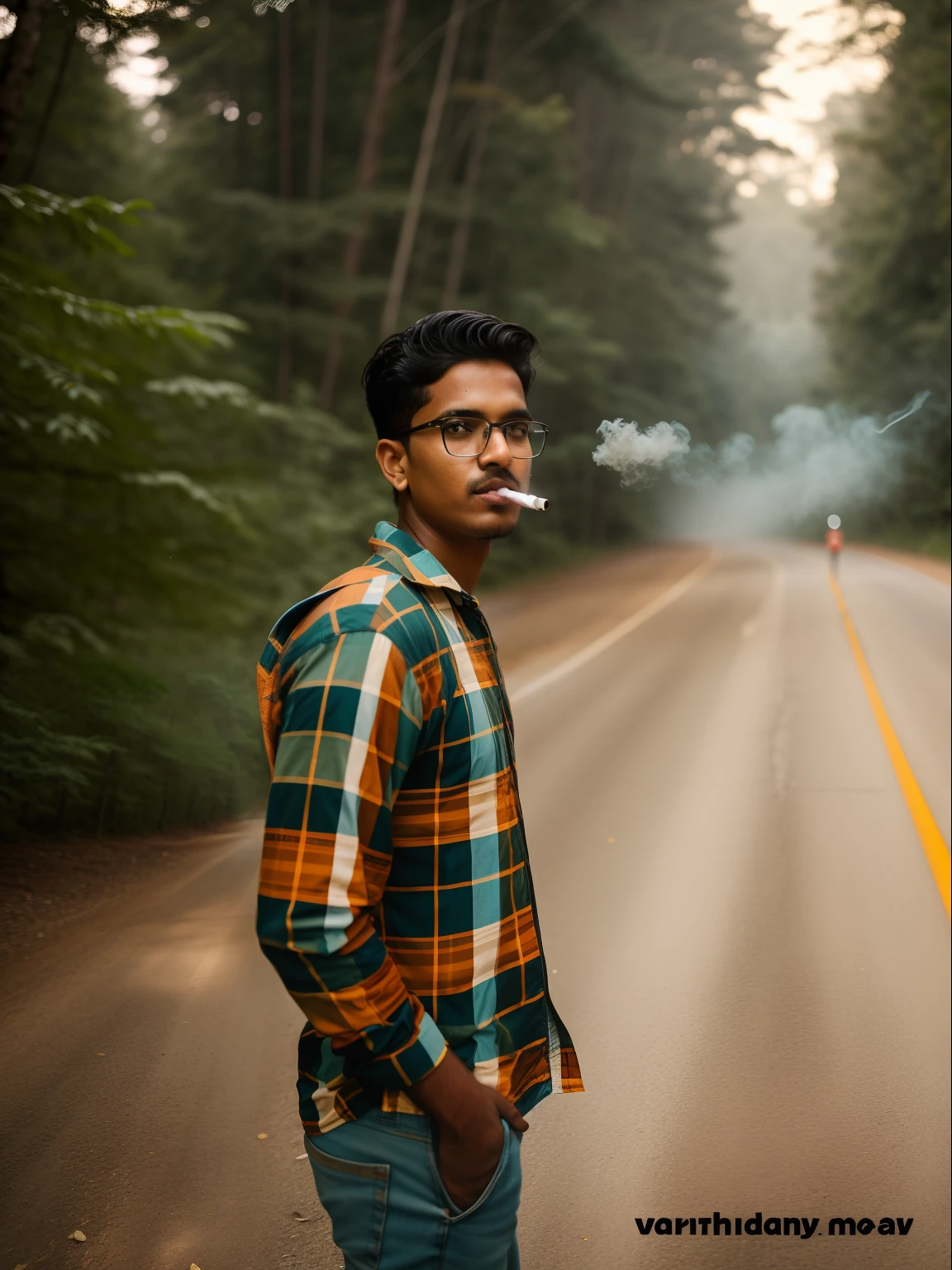 A man with his back turned smoking a marijuana cigarette looking at a Volkswagen Gol in the background of the image reasonably far away