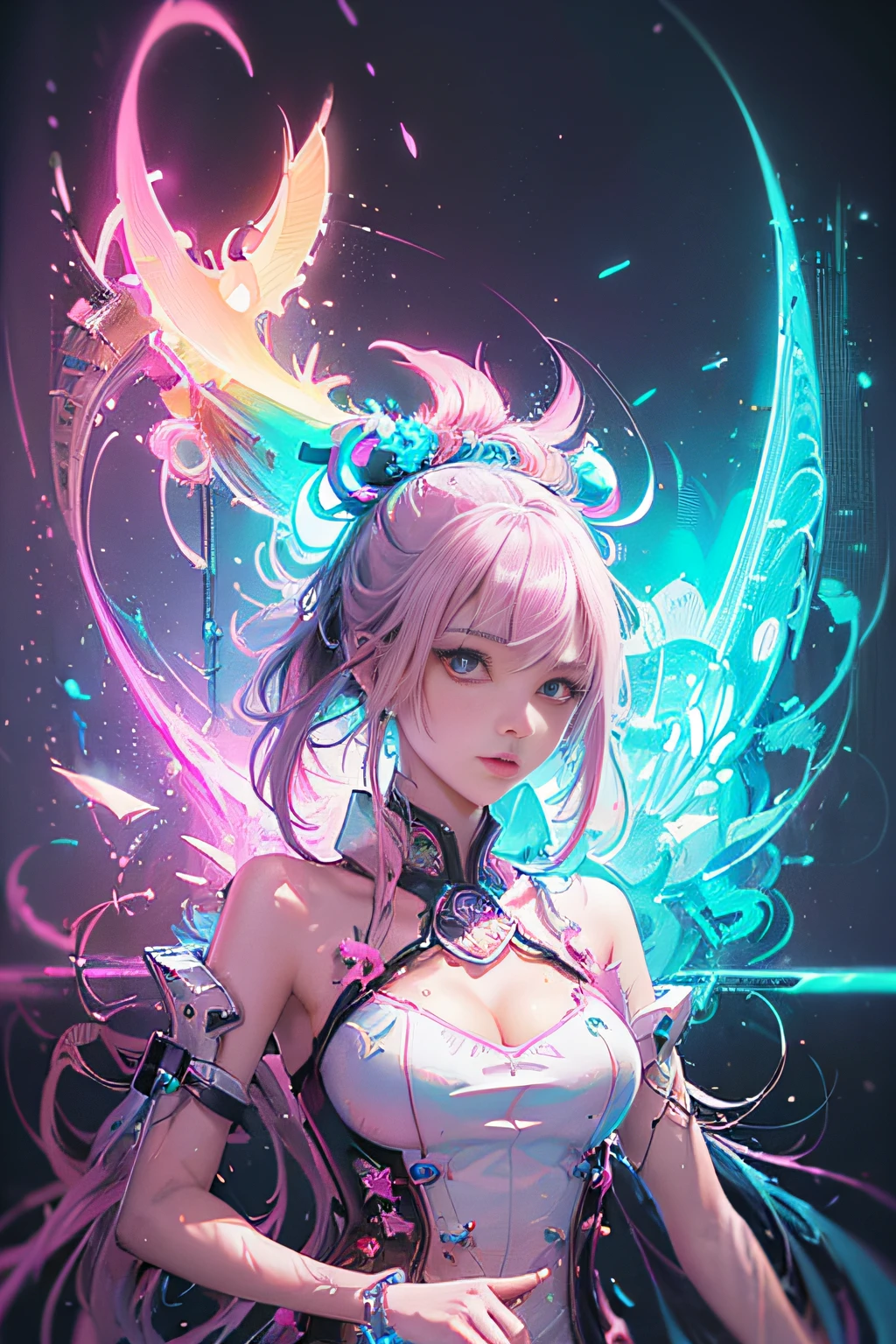 (masutepiece, of the highest quality, Best Quality, offcial art, Beautiful and aesthetic:1.2), (1girll:1.3), Extremely detailed,(Fractal Art:1.2),Colorful,highest details,( Zen Neon:1.2), (Dynamic Pose), (Abstract background neon lights:1.5), (Trident Dresses:1.2), (Shiny skin), (Many colors:1.4), Upper body ,Neon light,16 K,Full-HD